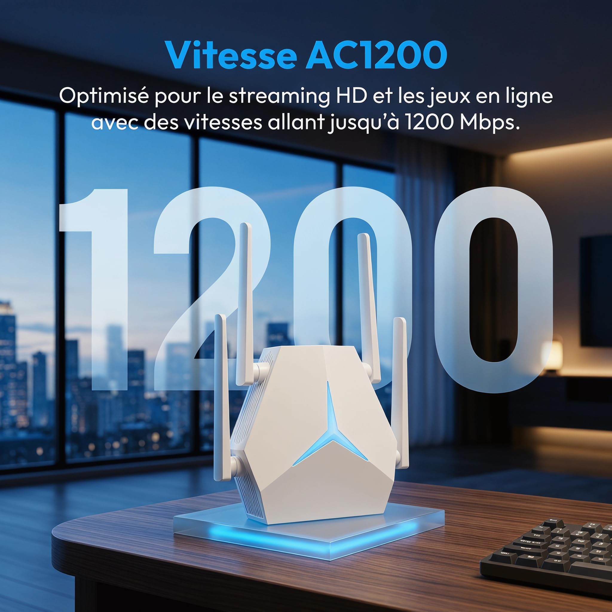 repetiteur wifi puissant, Dual Band 1200Mbps AC1200, 1115㎡ Range, Supports 100+ Devices, 4-Antenna WiFi Repeater with Ethernet Port