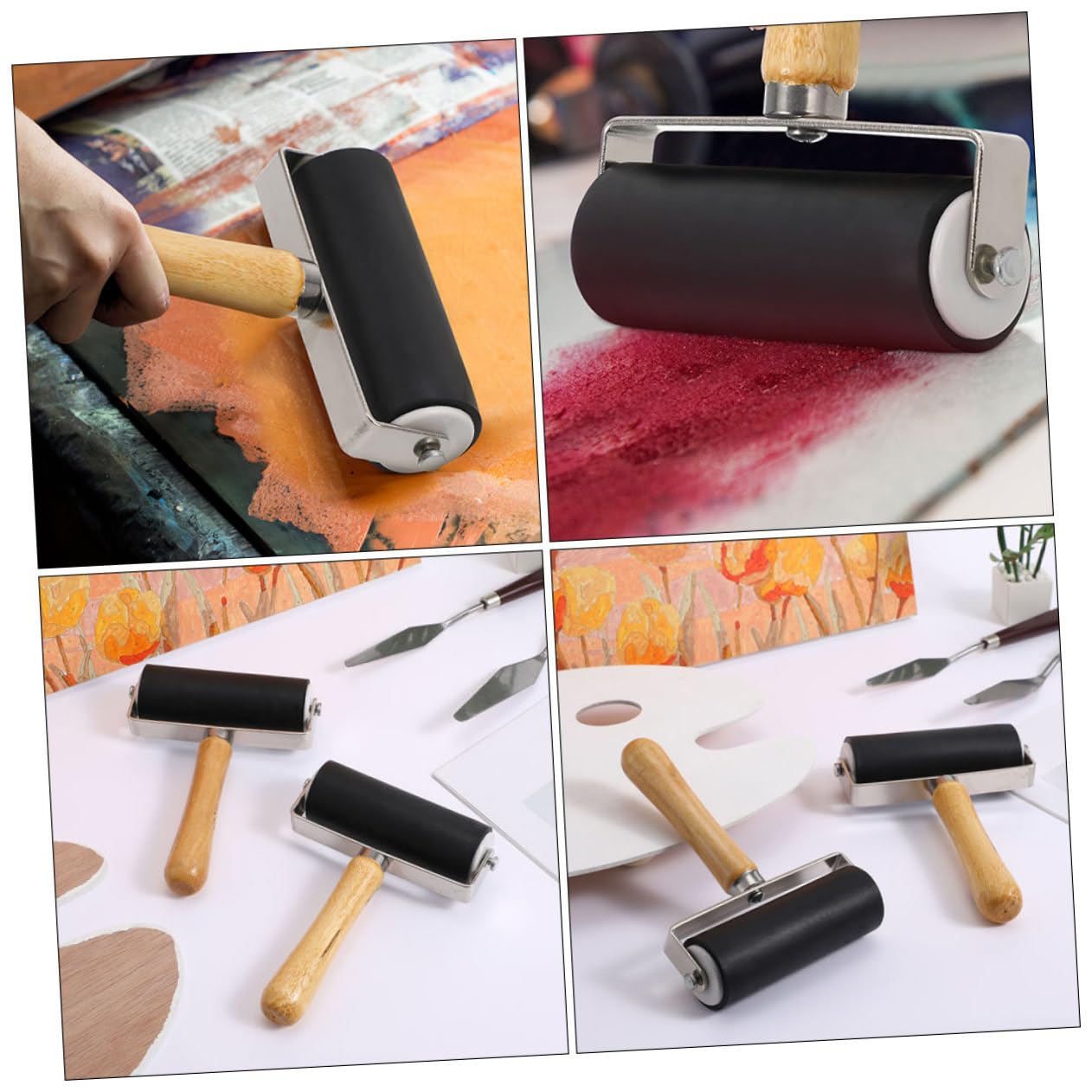 Kunststoff Druckwalzen 10cm 4 Stück mit Holzgriff Komfortabel und Einfach zu Lagern Leichte Malerrolle Schwarz für Bastelarbeiten und Druckgrafik