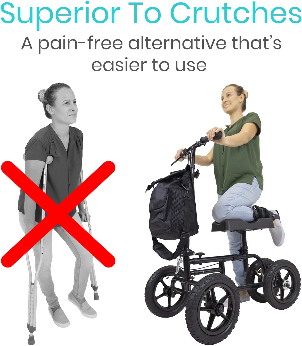 Vive Mobility All Terrain Knee Walker - Steerable Scooter For Broken Leg, Foot, Ankle Injuries - Kneeling Quad Roller Cart - Orthopedic Pad For Adult and Elderly Medical - 4 Wheel Caddy Crutch (Black) : Health & Household