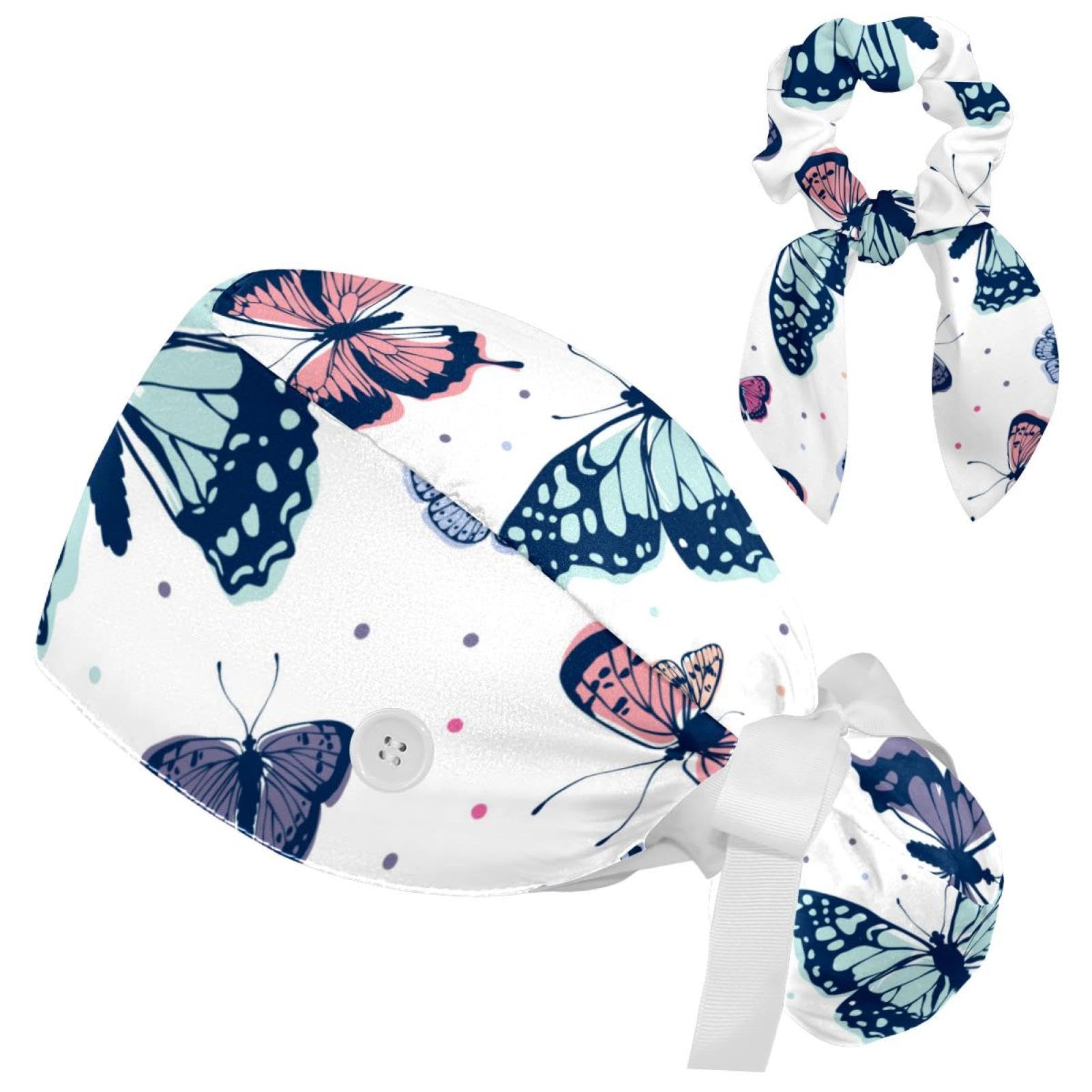 Watercolor Pink Butterfly Scrub Cap Women Ponytail Adjustable Tie Back Hat Surgical Hat with Bow Hair Scrunchy