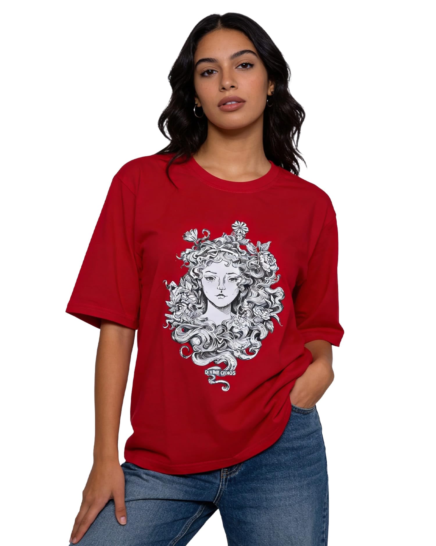 Women Oversized Graphic Printed T Shirt | Dark Floral Face Illustration | Trending Streetwear Tee for Girls | Drop Shoulder Half Sleeve | 100 Percent Cotton | Red