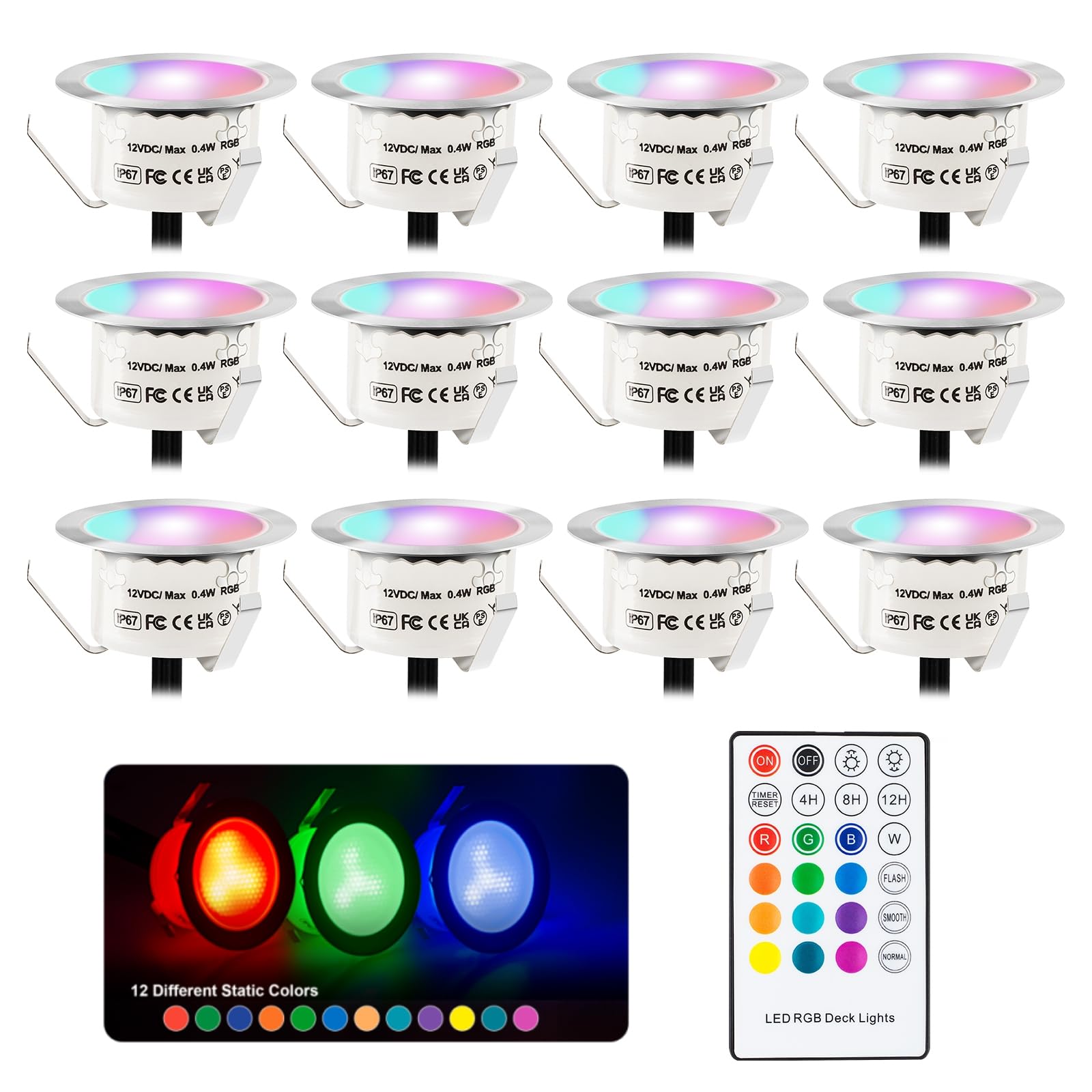 Terrassen Einbaustrahler Aussen, 12V Ø42mm LED Bodeneinbaustrahler mit Timer, IP67 wasserdicht Terrassen Einbaustrahler für Außen-12er Set RGB+warmweiß, Terassenbeleuchtungen Garten Spot