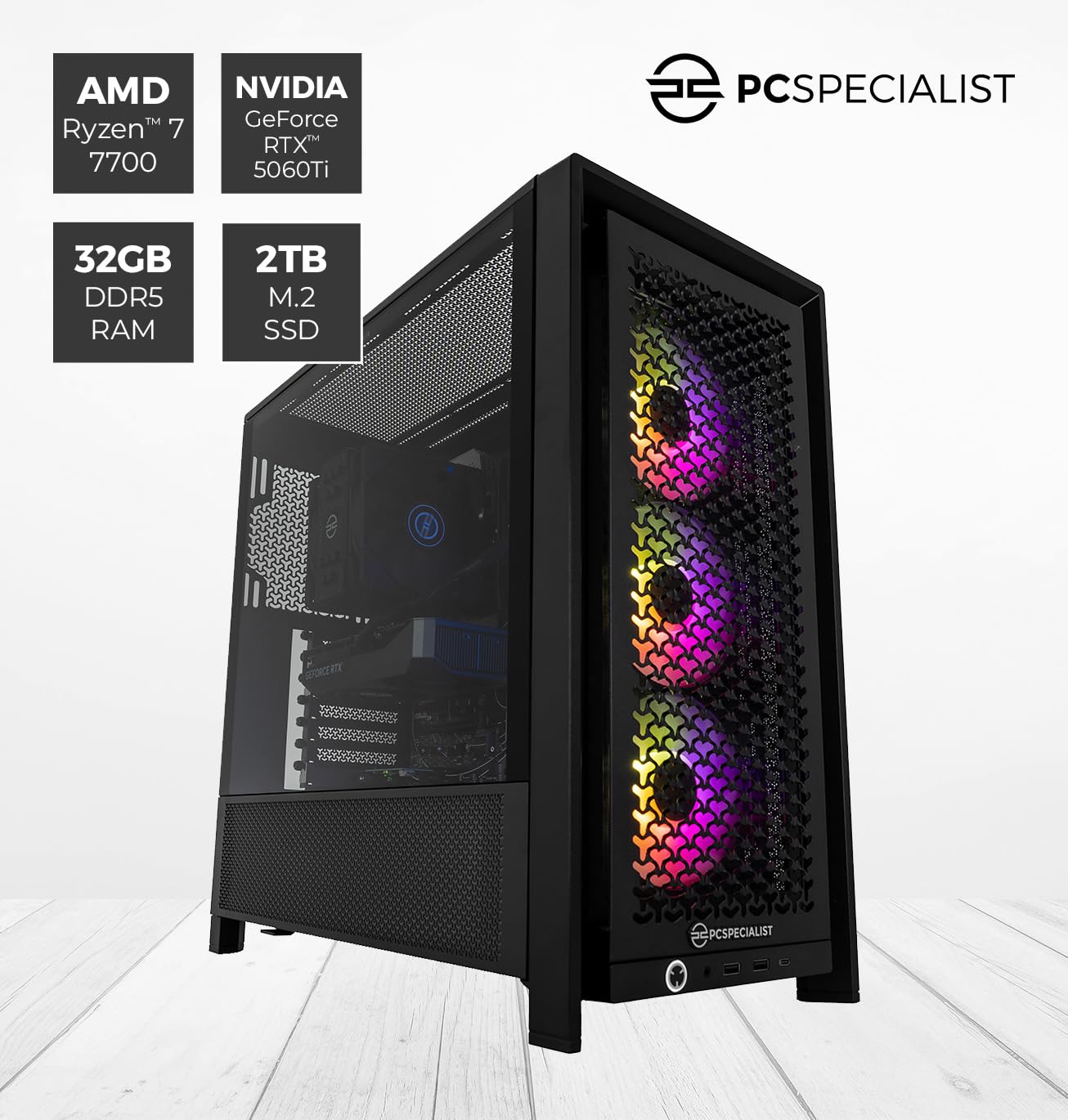 PCSpecialist Pro PC Gaming - AMD Ryzen 7 7700 3,80 GHz 8-Core, 32 GB DDR5 RAM, 8 GB GEFORCE RTX 5060 Ti, 2TB M.2 SSD, Windows 11