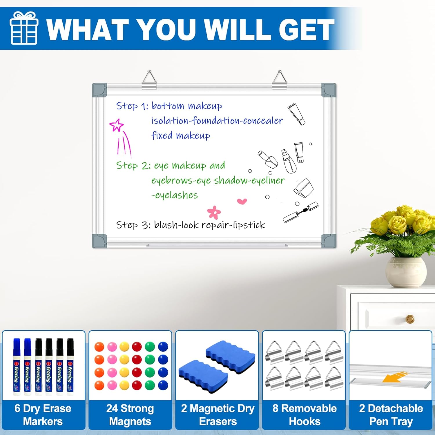 Magnetic White Board Dry Erase Board for Wall 24" x18 (2pcs) Aluminum Frame Magnet White Board for Home, School, Office, Kitchen