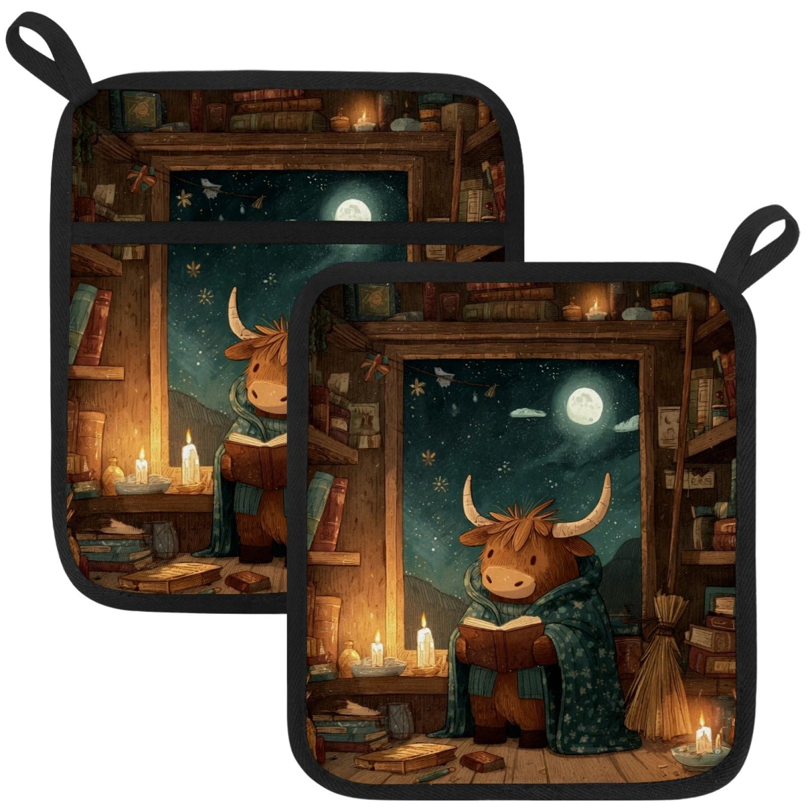 VAPOKF Cartoon Highland Cow Pot Holders with Pocket for Kitchen Heat Resistant Potholders Large Polyester-Cotton Square Oven Mitts Set