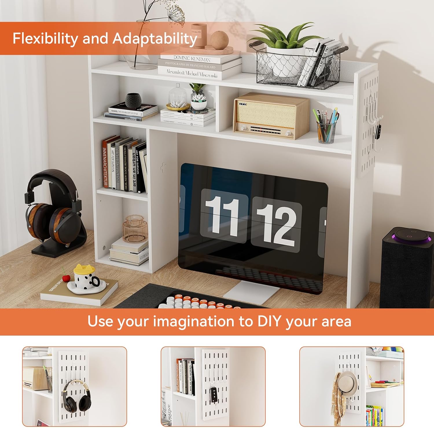 ELECWISH Desktop Bookshelf, Desk Shelf for Computer Desk, 33.46" 5-Tier Adjustable Desktop Hutch Organizer with Pegboard for Home Office, White