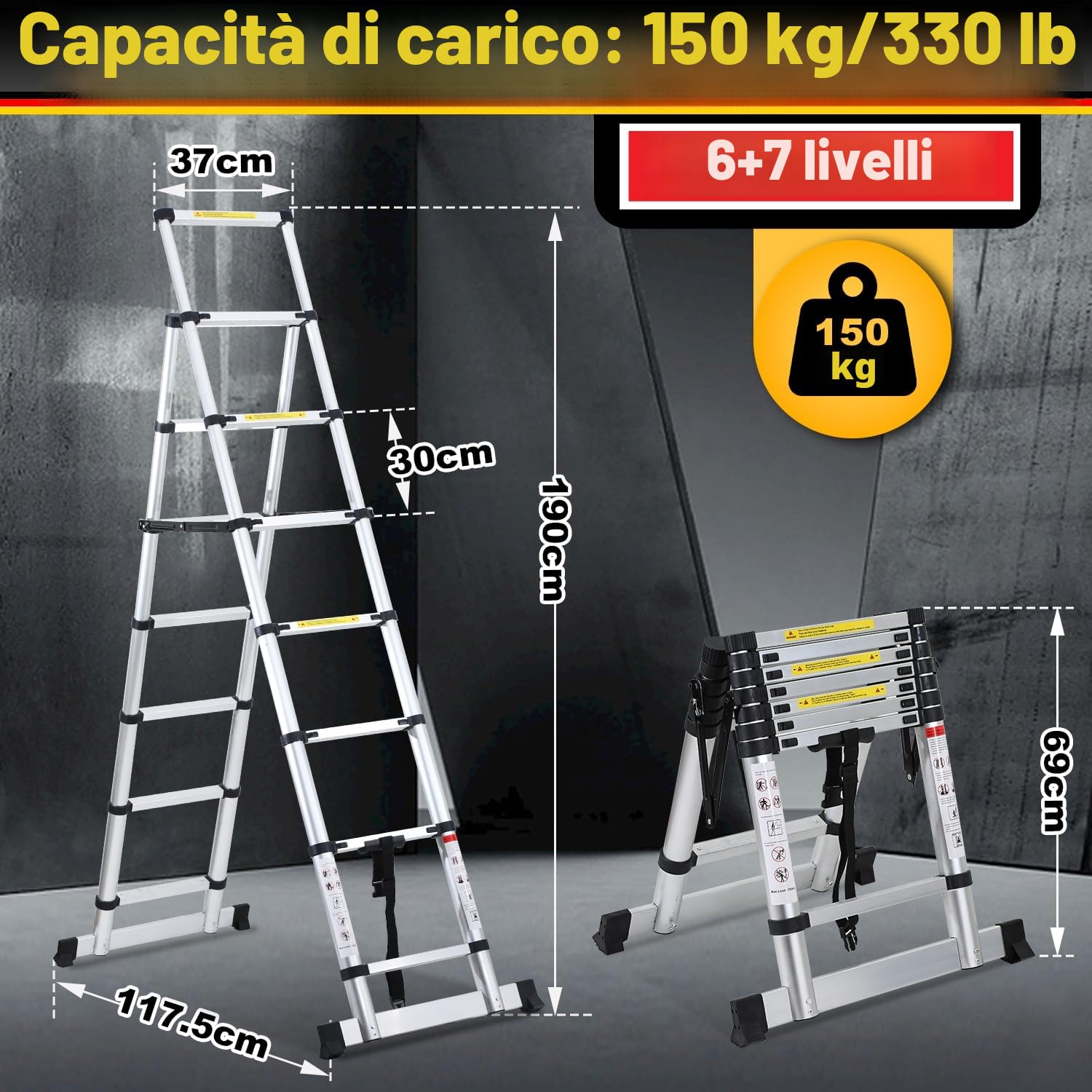 Lospitch - Scala telescopica pieghevole, 2 + 2,3 m, in alluminio, antiscivolo, multiuso, allungabile, telaio ad A, 6+7 pioli, portata 150 kg