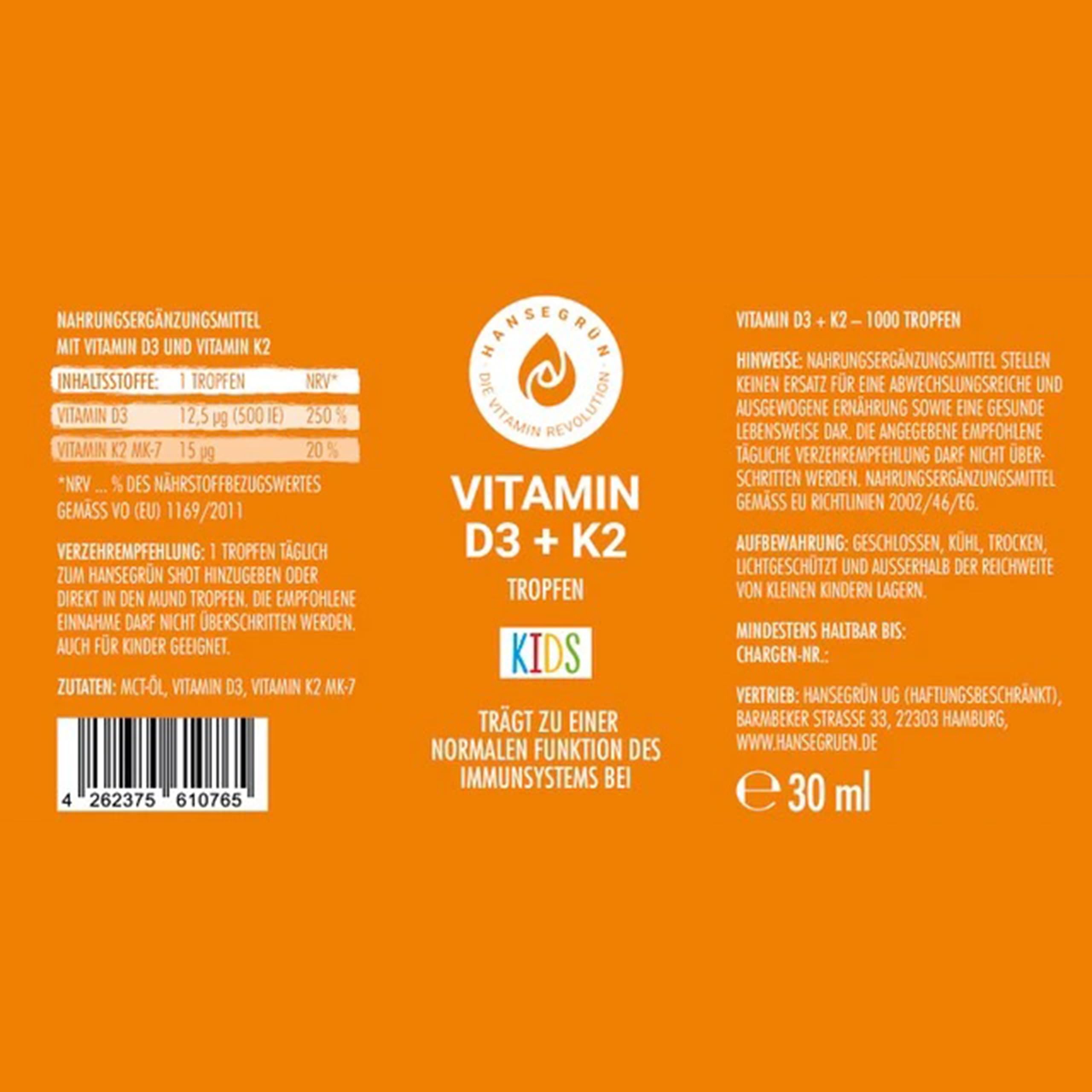 Hansegrün - 3x Vitamintropfen D3K2 Kids - 30ml - Trägt zu einer normalen Funktion des Immunsystems¹ & Knochen² bei - Nur 3 Zutaten - Vegan & ohne Zusatzstoffe - Optimale Aufnahme - Für 1000 Tage