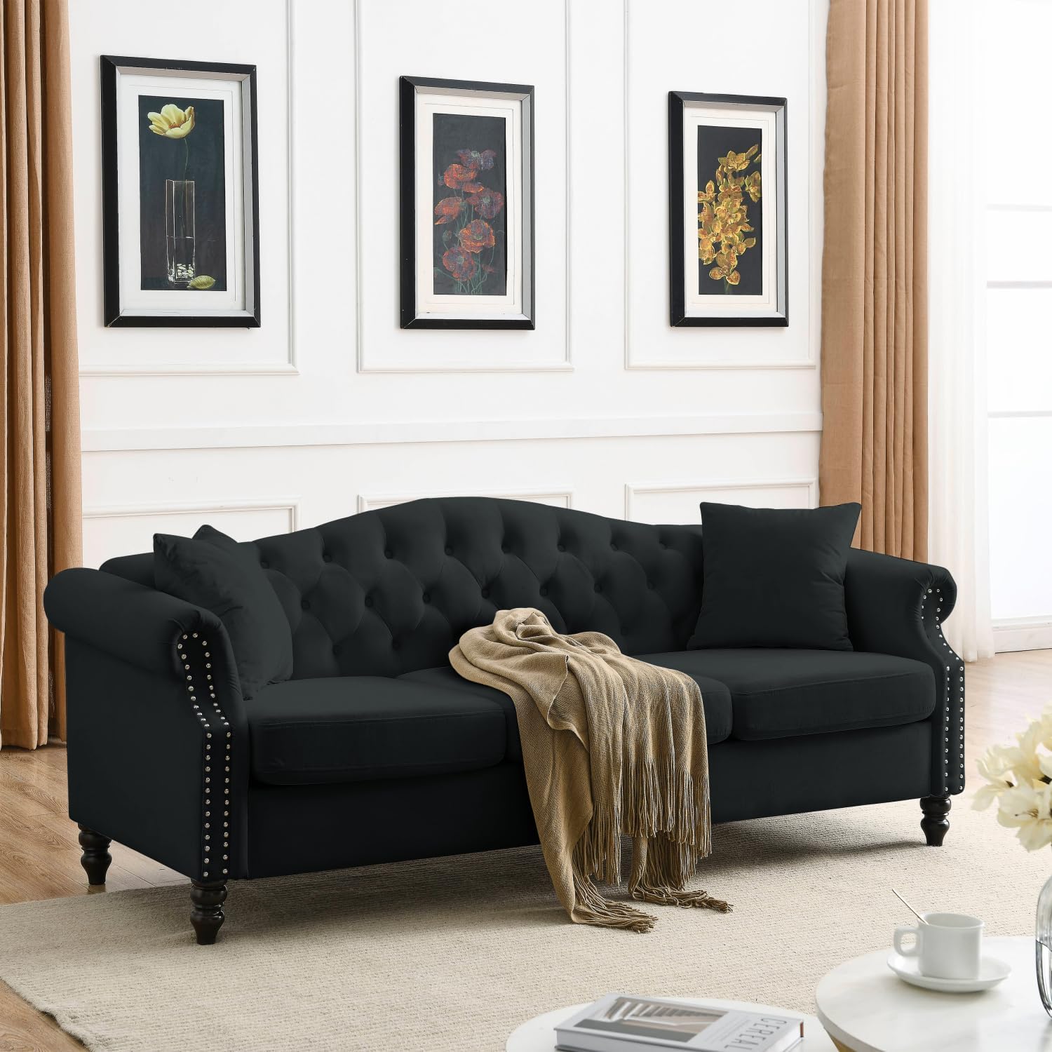 79″ Chesterfield Sofa Black Velvet Classic Design Living