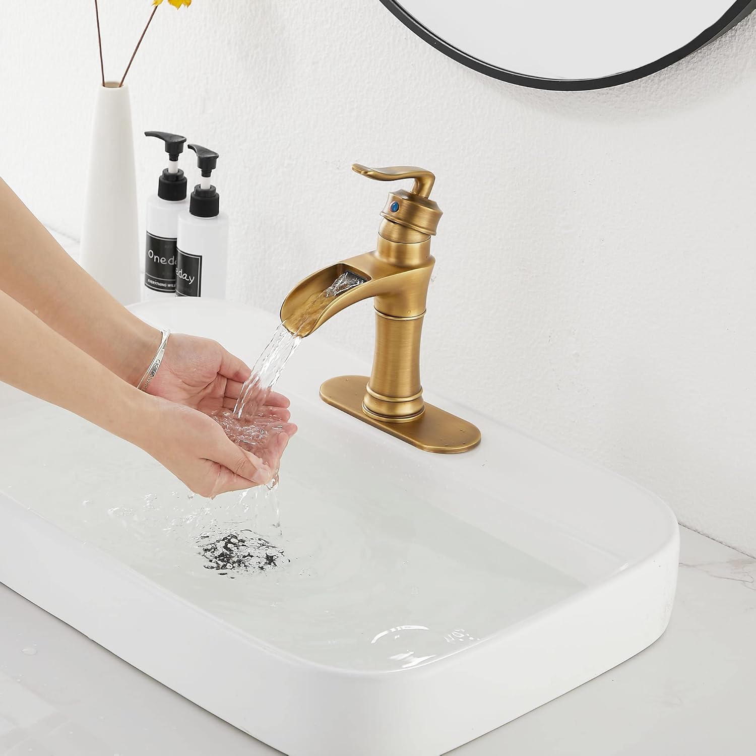 Waterfall Bathroom Faucet Antique Brass GGStudy Single Handle One Hole Farmhouse Bathroom Vanity Faucet Basin Mixter Tap Deck Mount with Drain Assembly