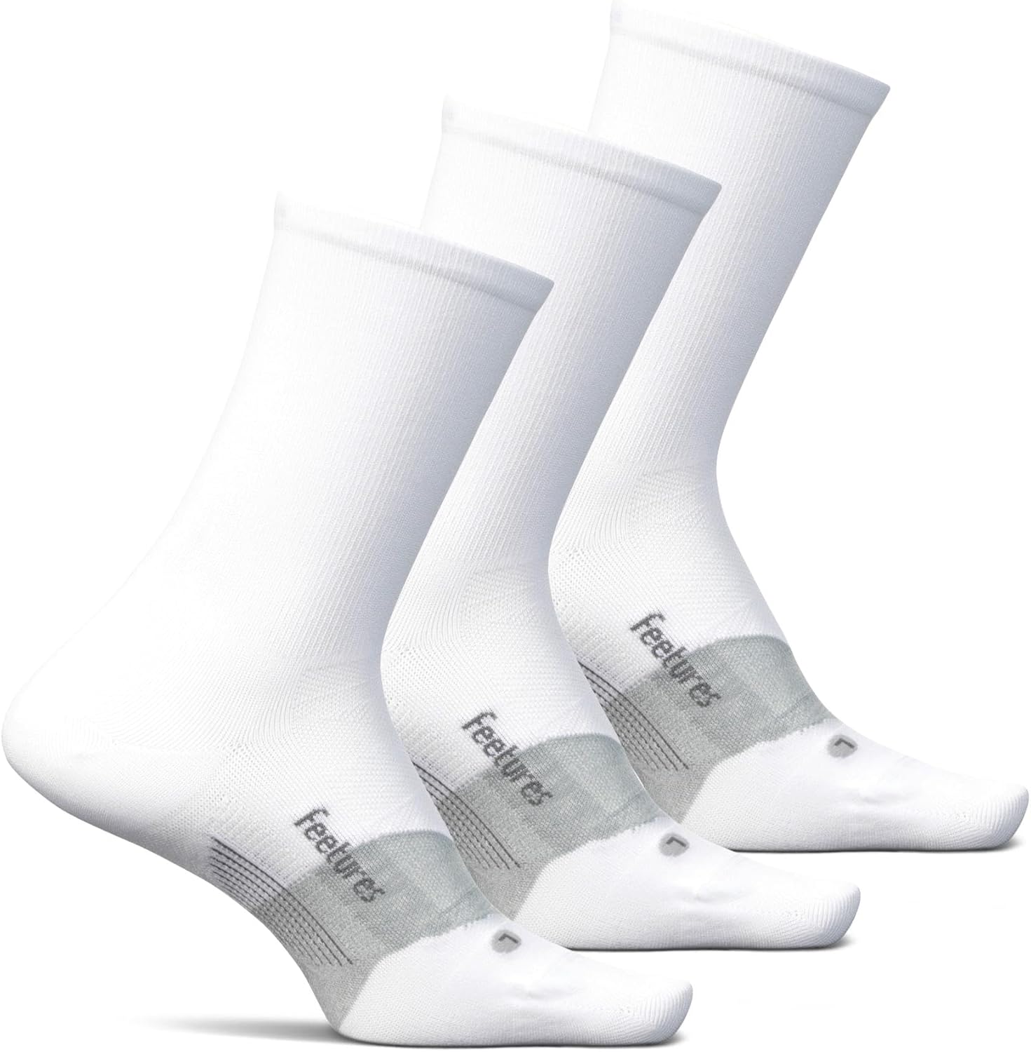 FeeturesElite Ultra Light Cushion Mini Crew Sock - Sport Sock with Targeted Compression - White, Medium (3 Pair)
