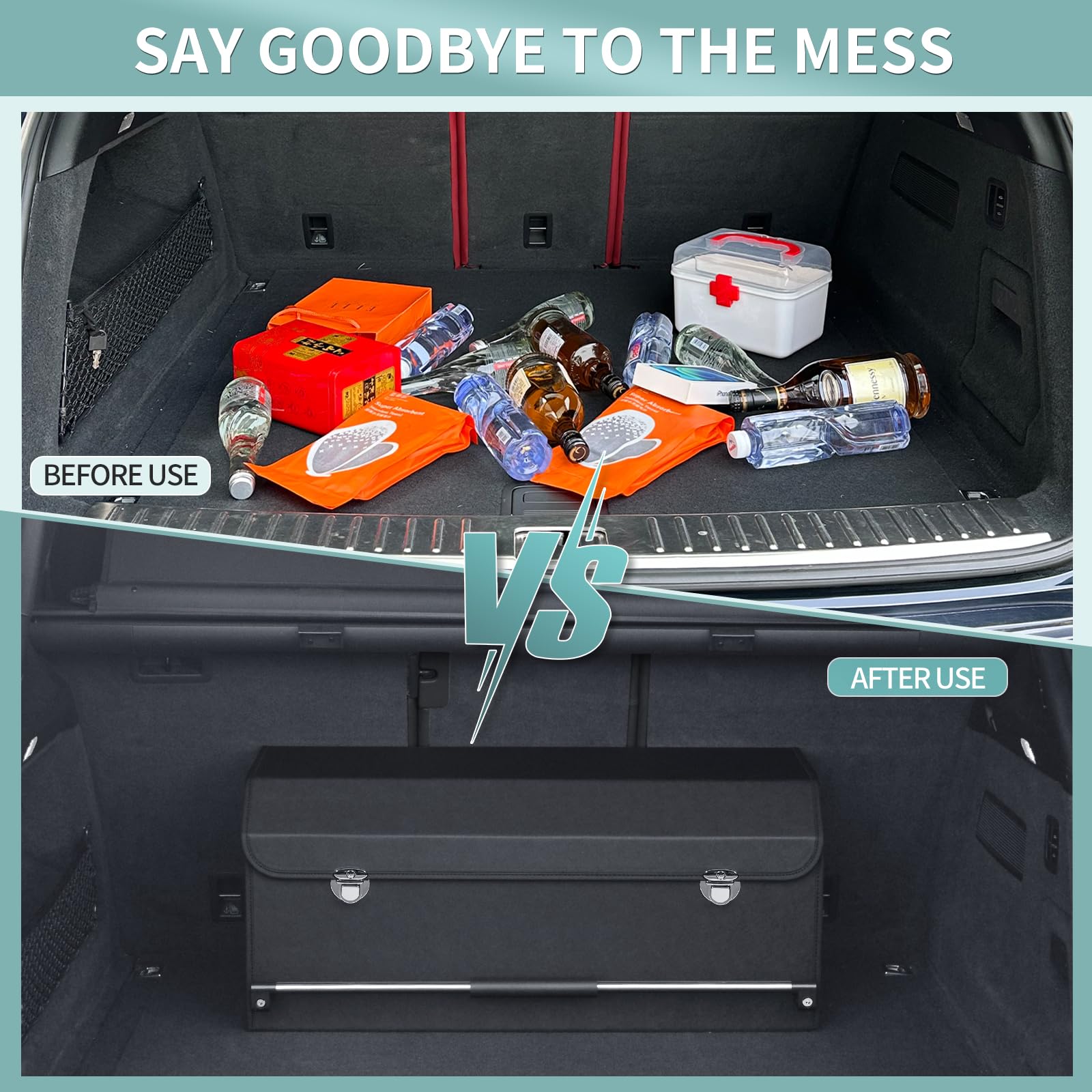 XCF Car Organizer Trunk, Durable Collapsible Leather Trunk Organizer with Lid and Sturdy Handle, Auto Cargo Storage Compartments, SUV/Car Accessories for Men/Women (11.4 x 27 x 12.2, Black)