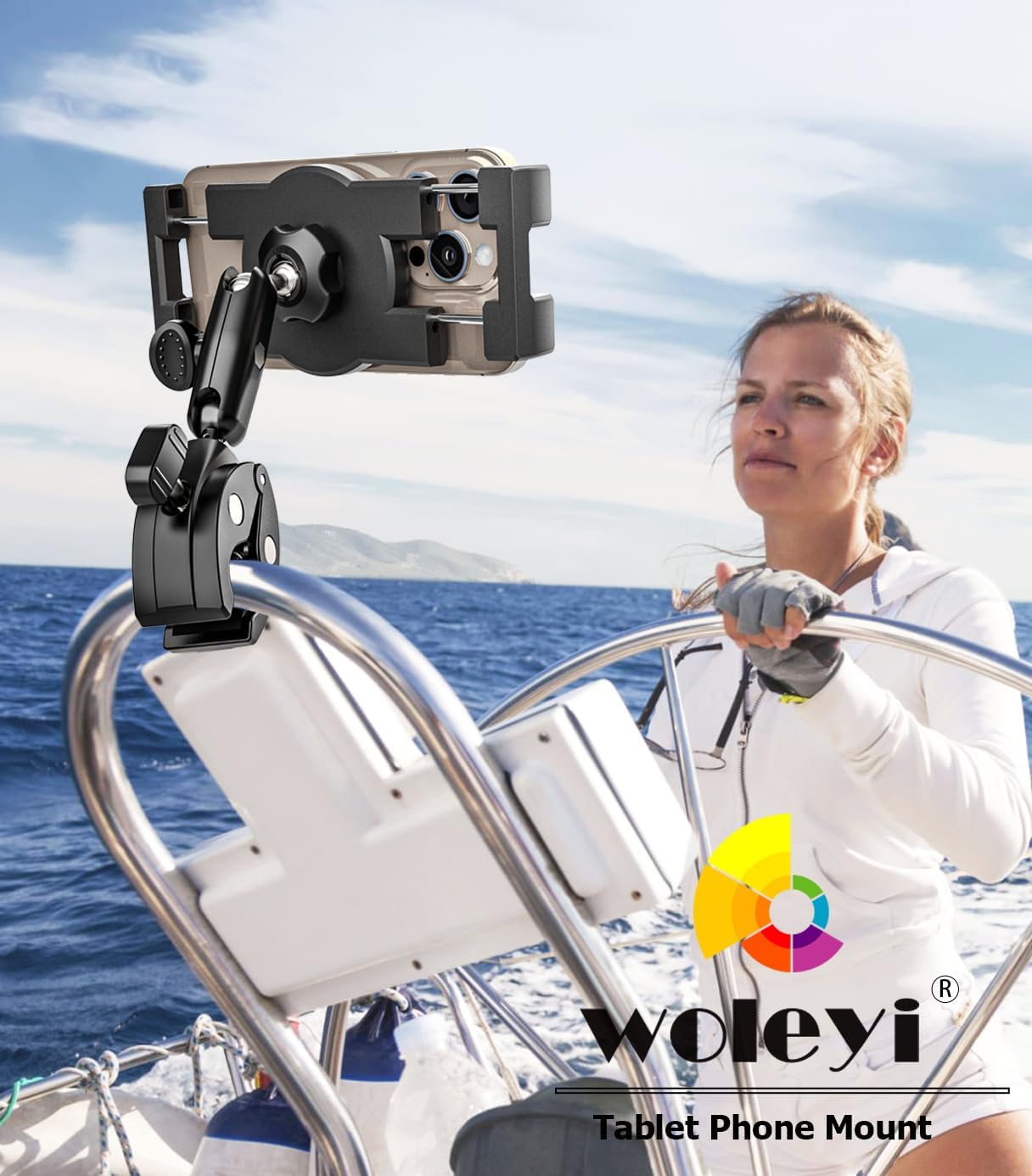 Boat Tablet Holder Mount Metal Heavy Duty, Boat Helm Marine Yacht Sailboat iPad Stand with Aluminum Arm, Pole Bar Tube Handlebar Bike Clamp for Tablets & Phones, 4-13" (with Anti-Fall Strap)