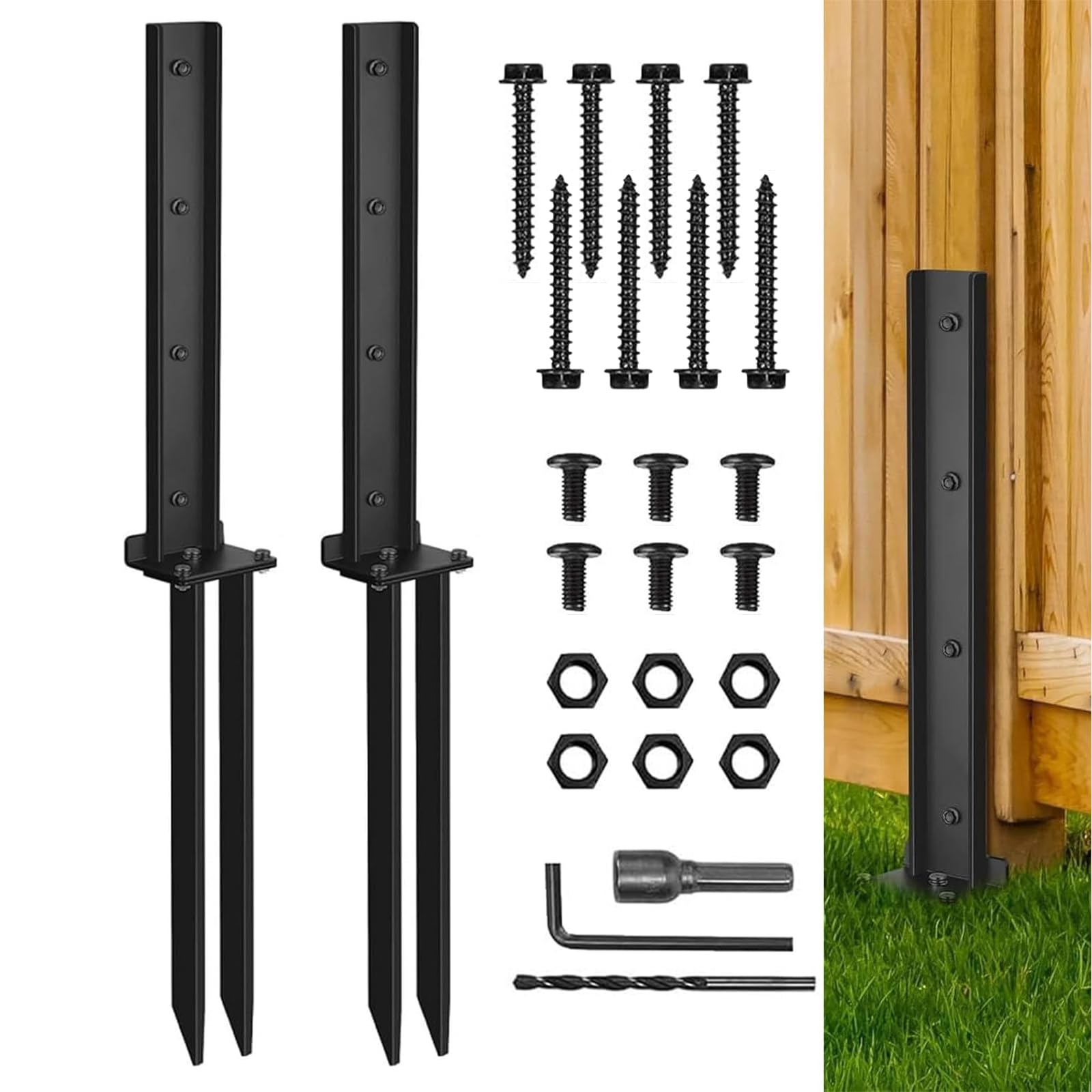 2 Pack Fence Post Repair Spike Kit, Heavy Duty Steel Anchor for Wood Posts