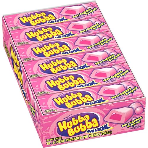 HUBBA BUBBA Gum Max Bubble Gum Bulk, Individually Wrapped, Original Flavor, 5 Count Packs, 36 Pack Bundle