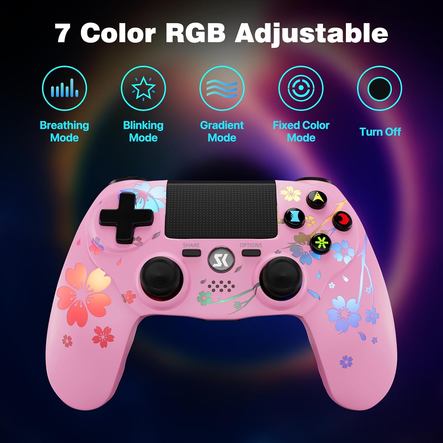 CHENGDAO 2 Pack for PS4 Controller, Wireless Controller for PlayStation 4/Pro/Slim/PC, Adjustable RGB Light, 1000mAh Battery, Speaker & 3.5mm Audio Jack, Blue + Pink