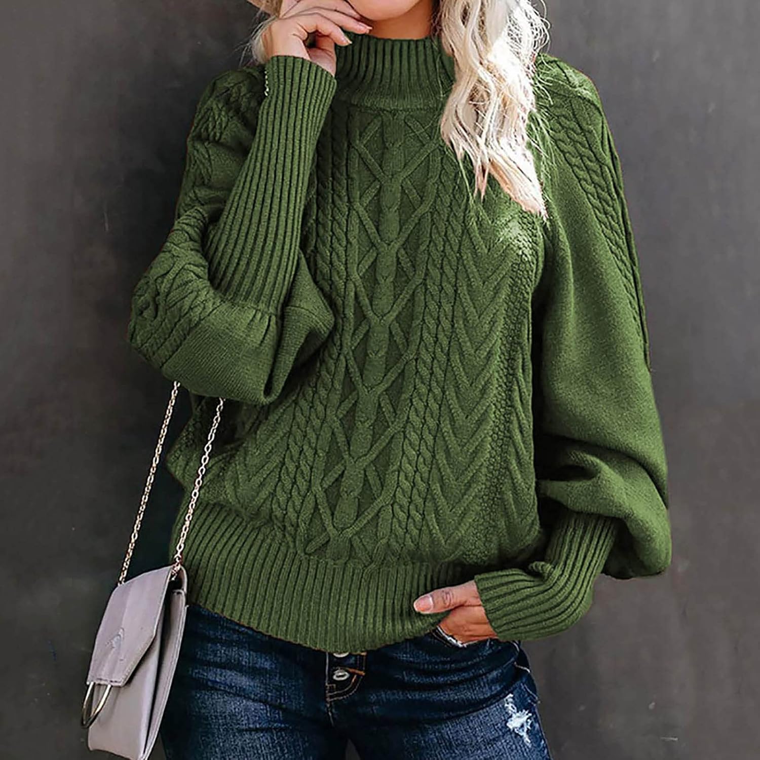 Women's Long Lantern Sleeve Turtleneck Sweater Cable Knit Pullover Casual Chunky Sweaters Winter Loose Jumper Tops