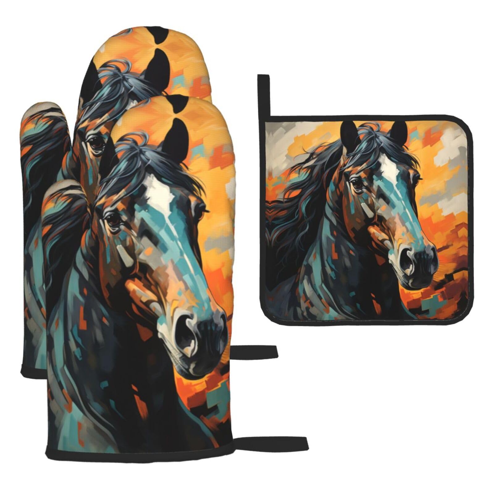 Painting of a Horse Oven mittens and oven mitts three-piece set suitable for oven, grilling, baking, microwave and home cooking.