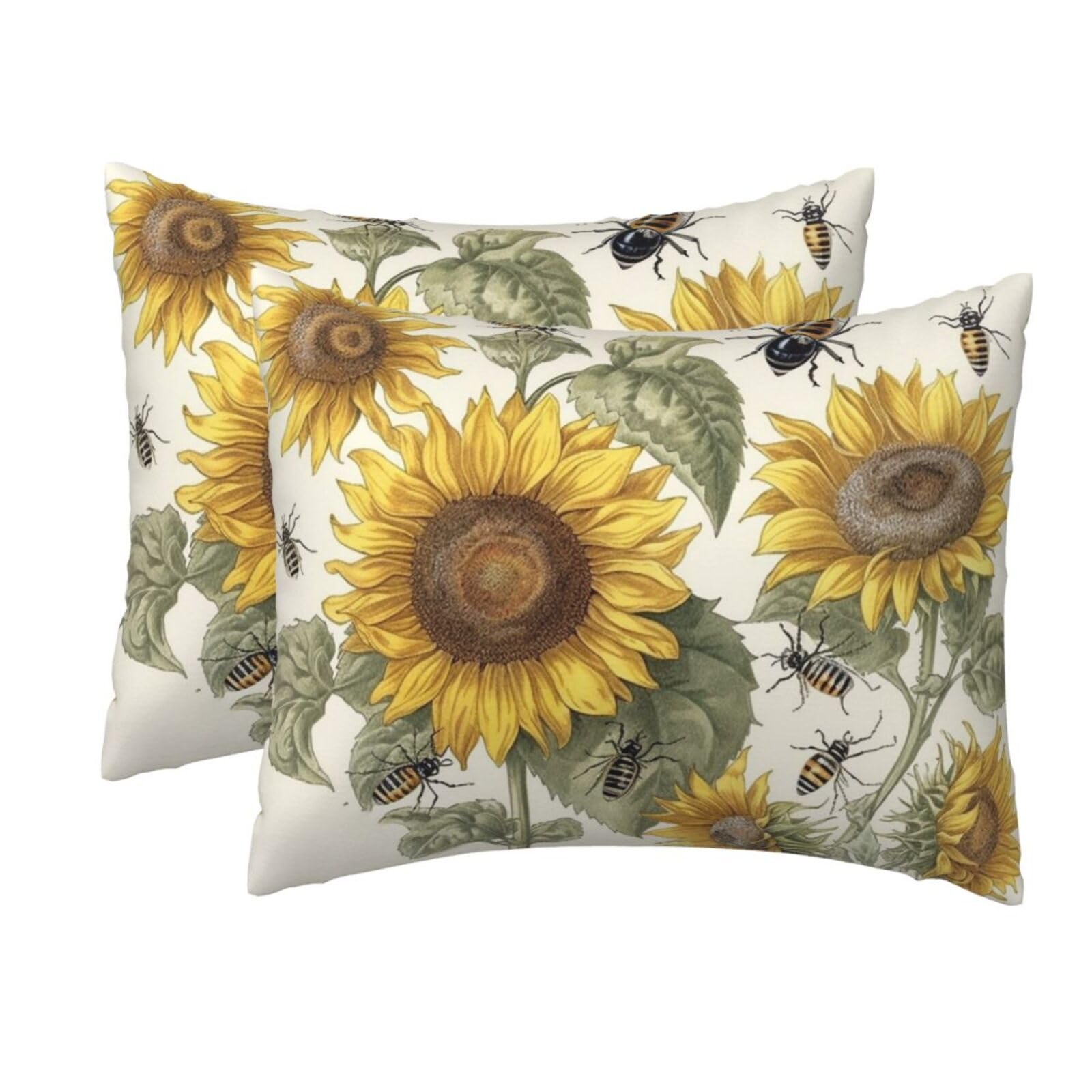 2 Pack Standard Size Pillow Cases for Hair and Skin Soft Breathable Pillow Case Covers with Hidden Zipper Sunflowers and Insects Pillowcase 20x26 Inches Pillow Cover for Sleeping Gift
