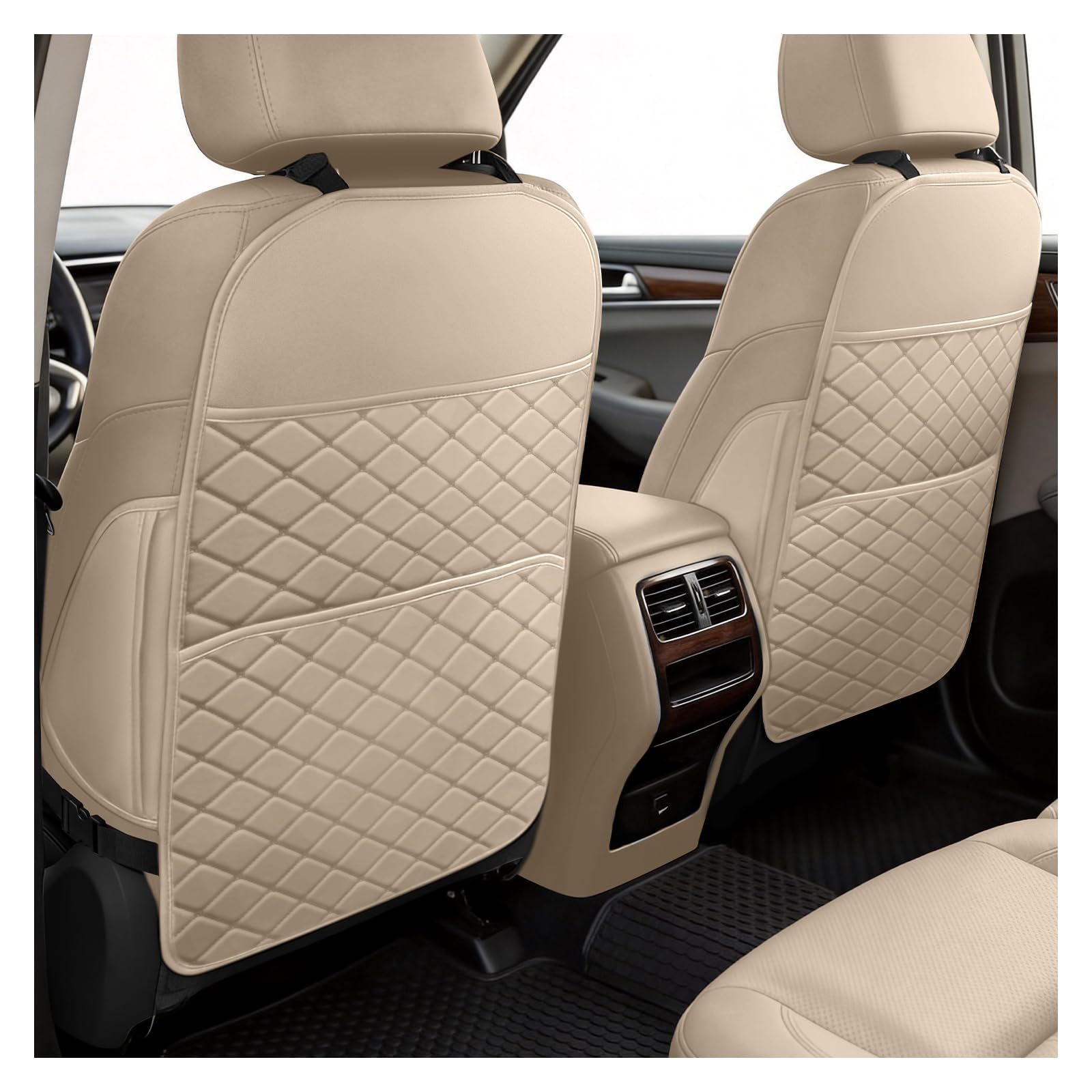 SMOQIO Auto Rückenlehnenschutz für Kinder – Autositzschutz für die Rückseite mit großer Aufbewahrungstasche, Sitzschoner für die Rückenlehne gegen Flecken, passend für die meisten Autos (Beige)