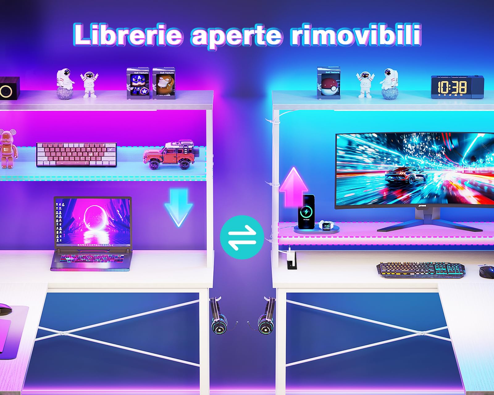 Coleshome Scrivania Gaming con LED e Prese, 135 × 100 cm Scrivania Gaming Angolare Reversibile con Scaffali Portaoggetti, Scrivania Angolare con Borsa Portaoggetti per Giocatori, Bianco