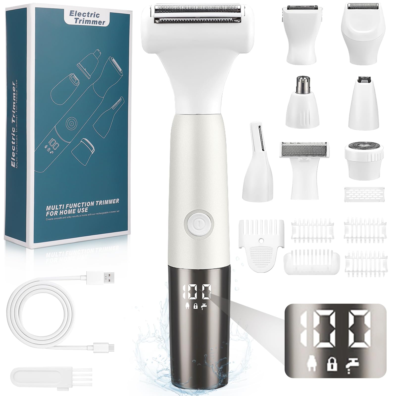 8-en-1 Maquinilla de Afeitar Mujer, Depiladora Eléctrica Íntima 8 Cuchillas, Pantalla Digital LED, IPX7 Impermeable, Carga USB Maquinilla, Para Zona Bikini Axilas Piernas Rostro, Cejas y Nariz