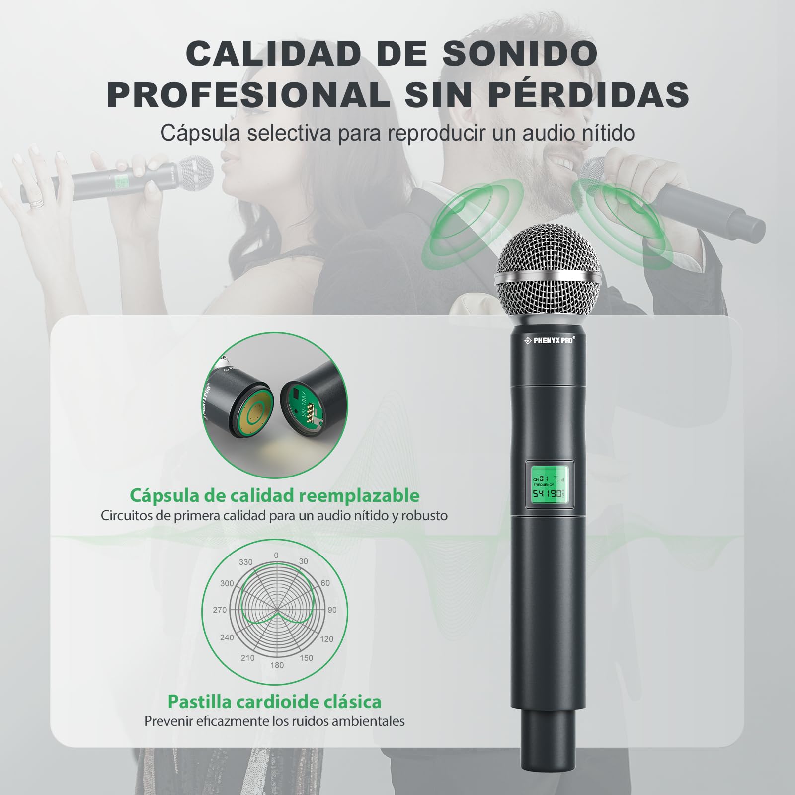 Phenyx Pro 4-Canales UHF Sistema de Micrófono Inalámbrico de Metal, de Frecuencia Fija con 4 Micrófonos Dinámicos de Mano, Alcance de 260ft, para Cantar, Iglesia(PTU-5000-4H)