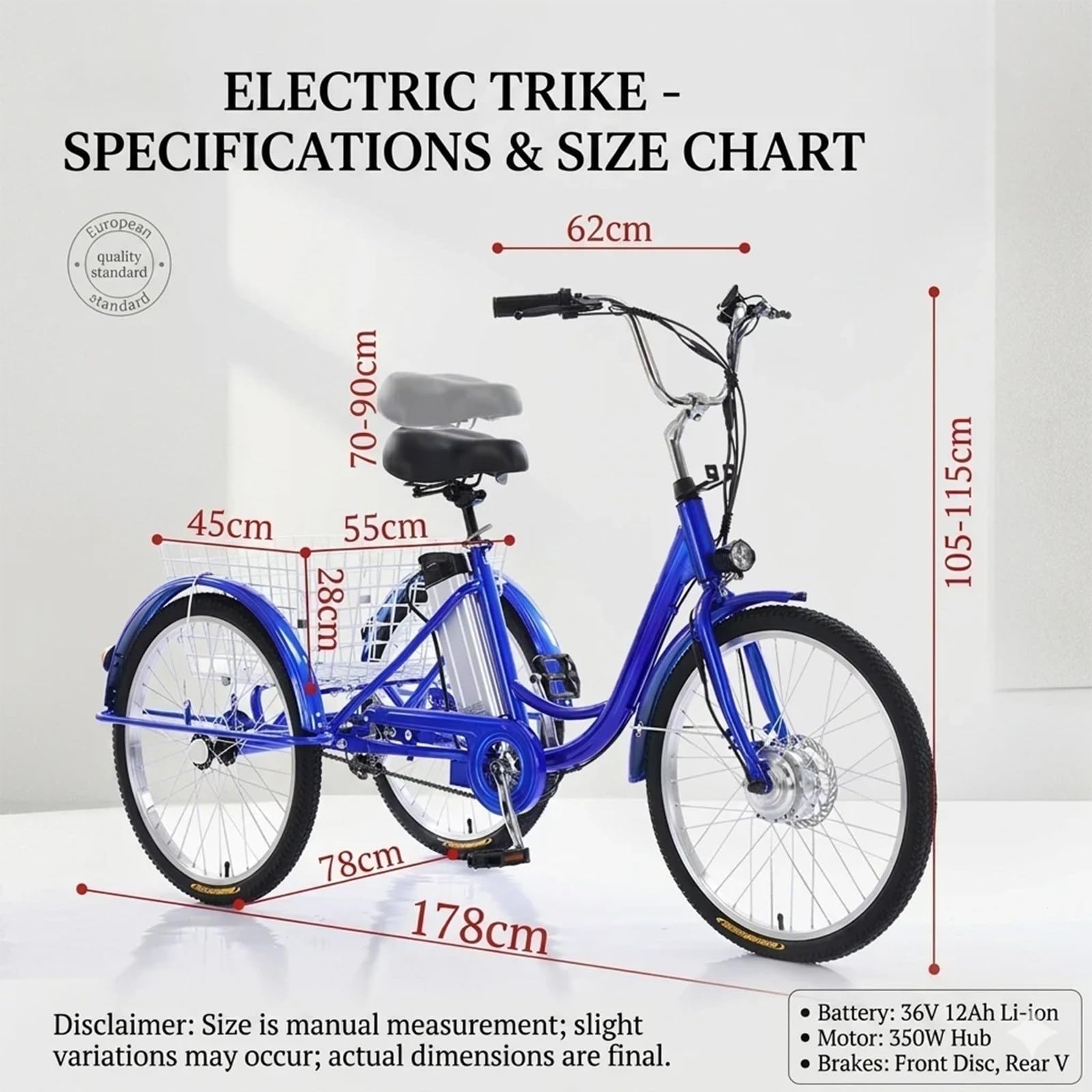Triciclo elettrico per adulti a 3 ruote, ruote da 24", telaio ribassato, batteria rimovibile, display digitale e cestini portaoggetti per la spesa quotidiana, blu.