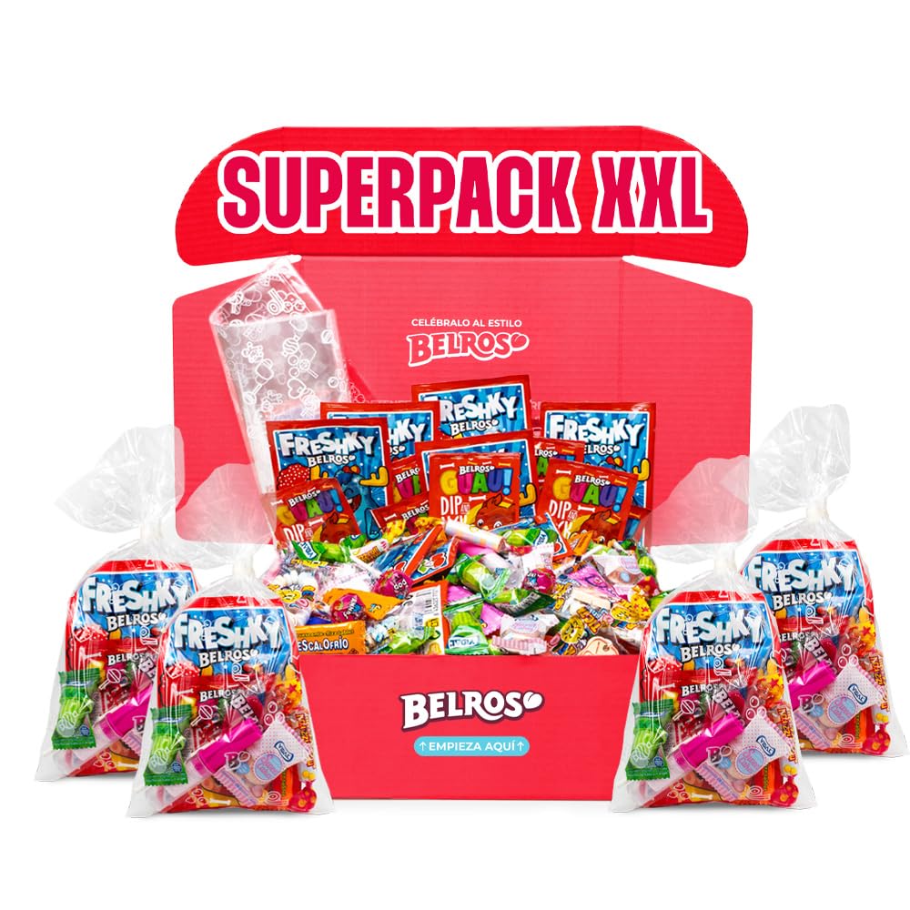 BELROS Pack 200 uds de Chuches y Gominolas Mix Surtido de 1.9kg de Dulces. Ideal Cumpleaños, Celebraciones, Ocasiones Especiales, Piñatas. Incluye 20 Bolsitas de Regalo