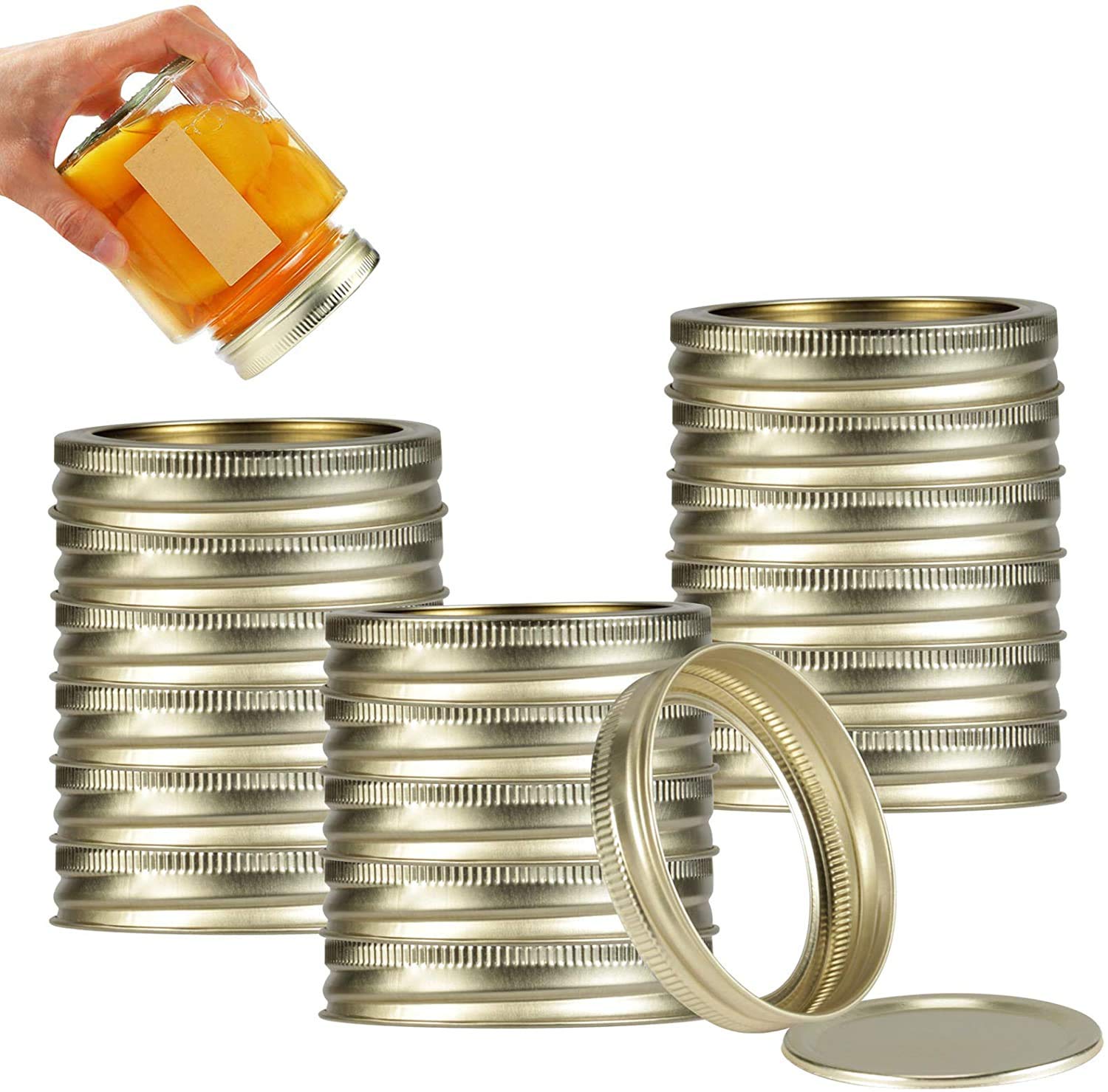 DELFINO 20 Pack Canning Lids Mason Jar Lids and Rings for Ball Regular Mouth Split-Type Lids Leak Proof, Reusable and Secure Canning Jar Caps with Silicone Seals for Mason Jar (70mm, Gold)