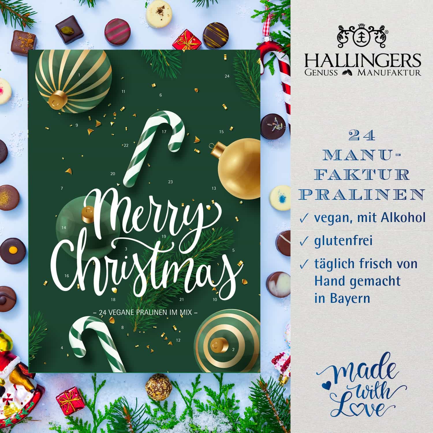Hallingers Genuss Manufaktur Vegane Pralinen Adventskalender - mit & ohne Alkohol, handmade aus Confiserie-Edelkakao in wertigem Softfeel-Karton "Merry Christmas...", Weihnachtskalender für Frauen