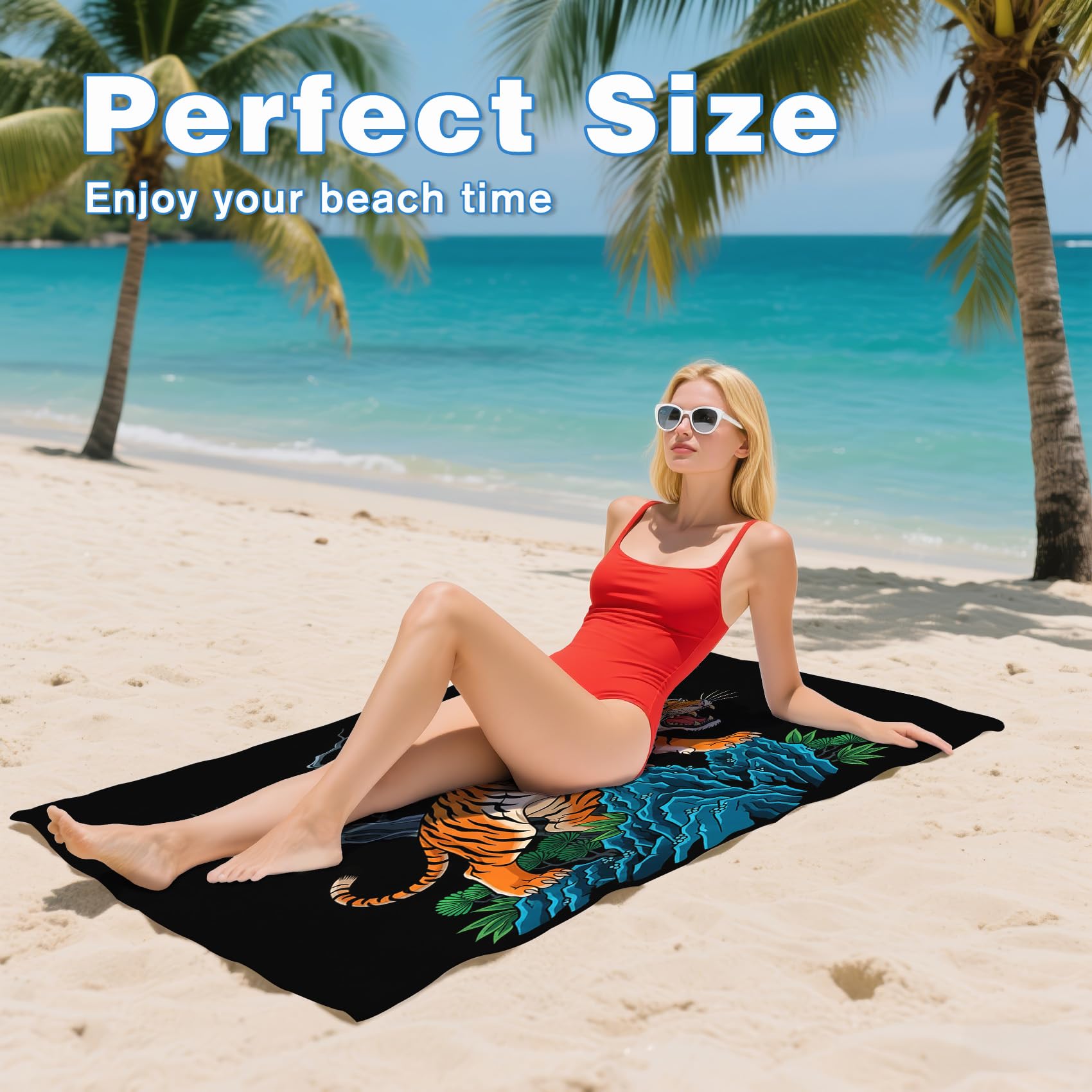 Serviette de Plage XXL Microfibre Tigre Style Asiatique Japonais, Drap de Plage Séchage Rapide Anti Sable & Légère, Serviette de Bain Grande Taille 150x200 cm, Accessoire & Cadeau été
