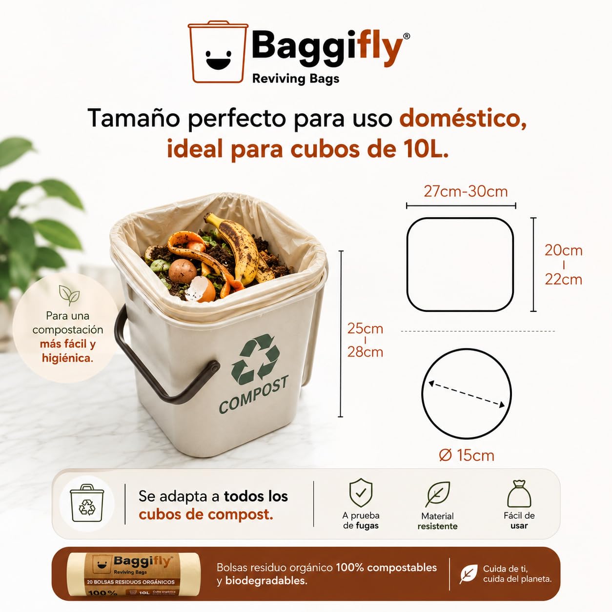 Baggifly, Bolsas de Basura Biodegradables 10L, 400 Bolsas Basura Compostables, ECO Friendly, Cubos Pequeños y Residuos Orgánicos, Pack 20 x 20, Fabricado en España