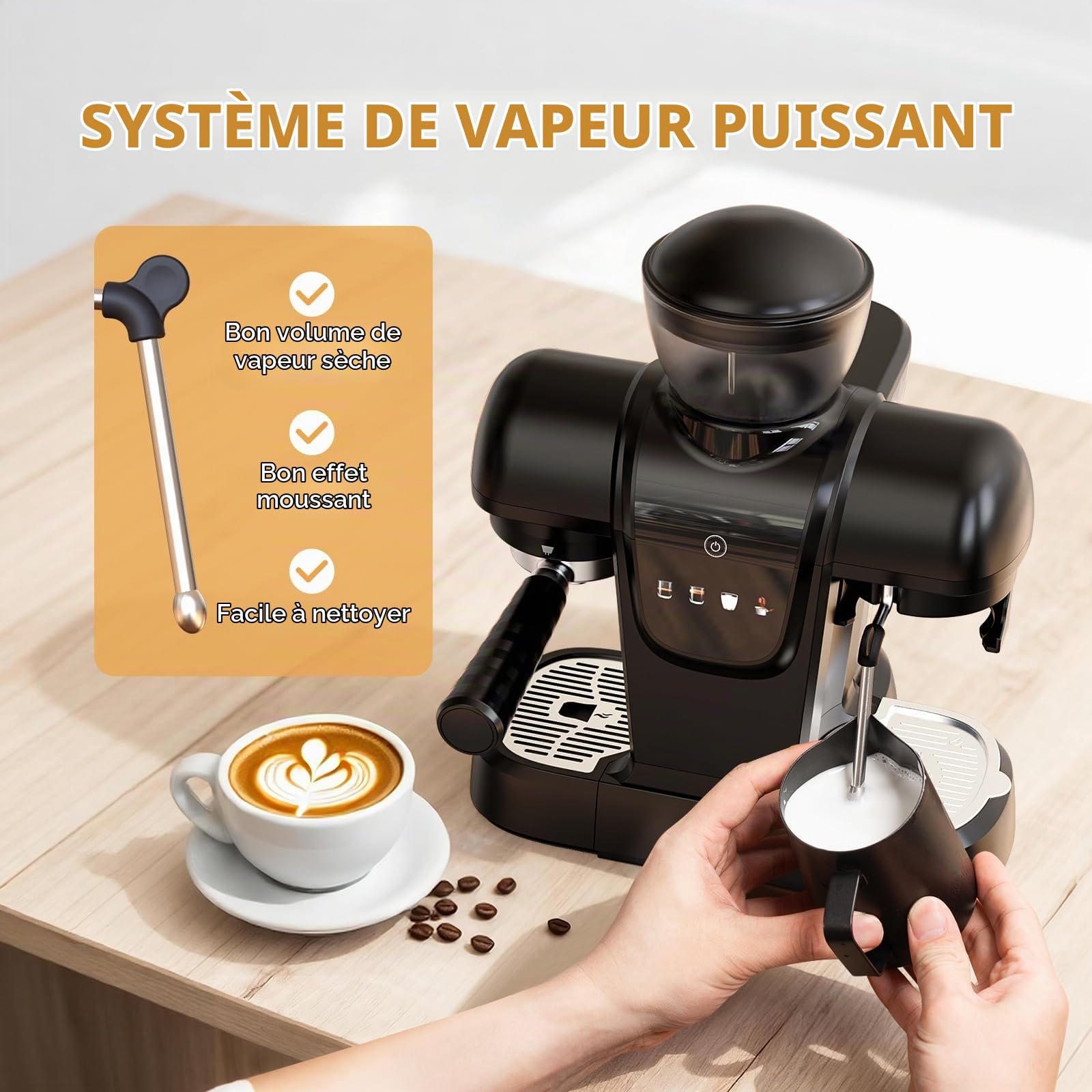 RECAFIMIL Machine à expresso 19 bars avec moulin à haricots, machine à café 2 en 1 pour café moulu, cappuccino et latte avec mousseur à lait, écran tactile, réservoir d'eau amovible (noir)