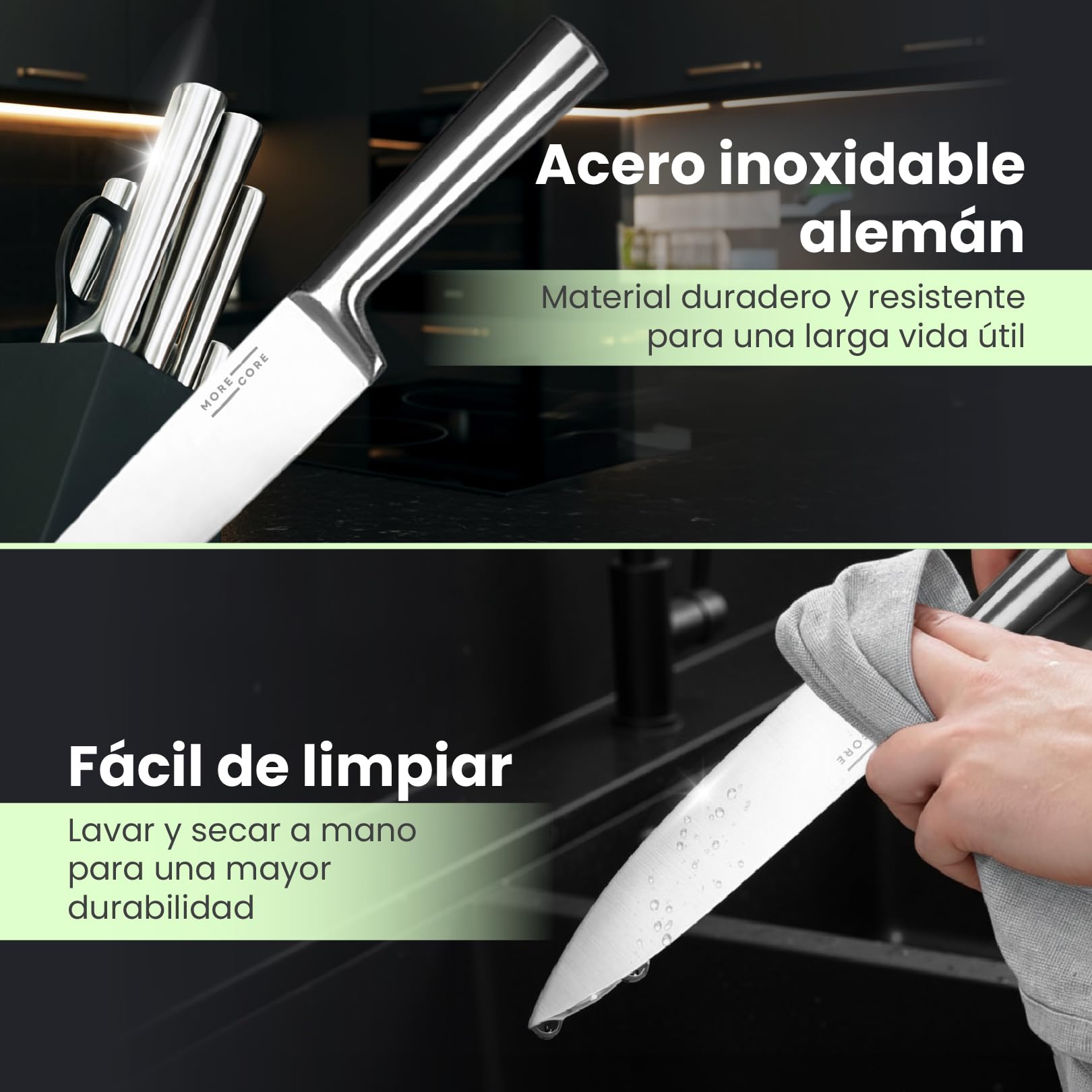 MoreCore Juego de Cuchillos de 14 Piezas, Bloque de Cuchillos con Afilador Integrado, Acero iInoxidable Alemán, Juego de Cuchillos de Chef con Bloque, Cuchillo de Cocina Profesional y Tijeras, Apto Pa