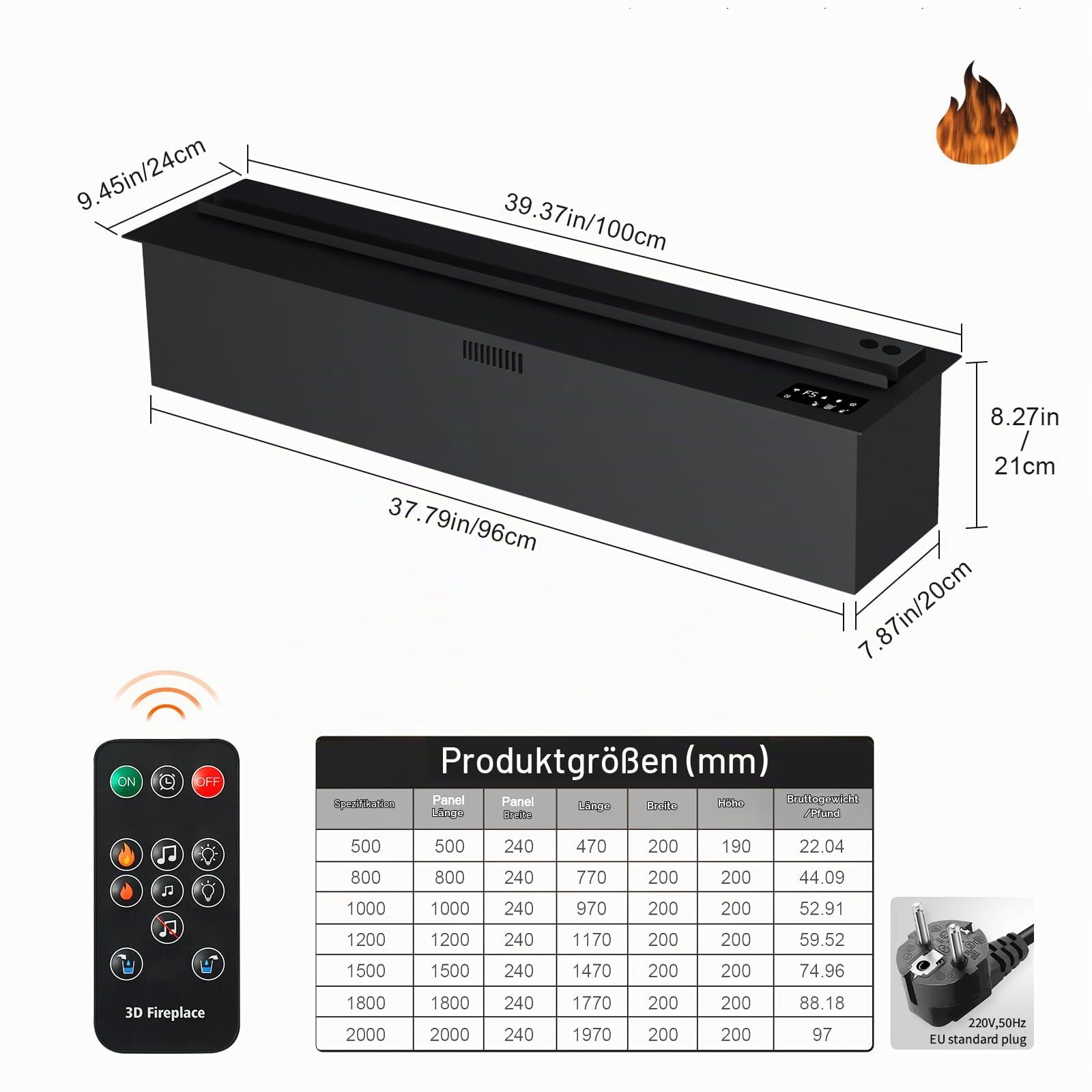 Wasserdampf-Kamin, Flamme elektrischer Kamin, 100cm，Keine Heizung