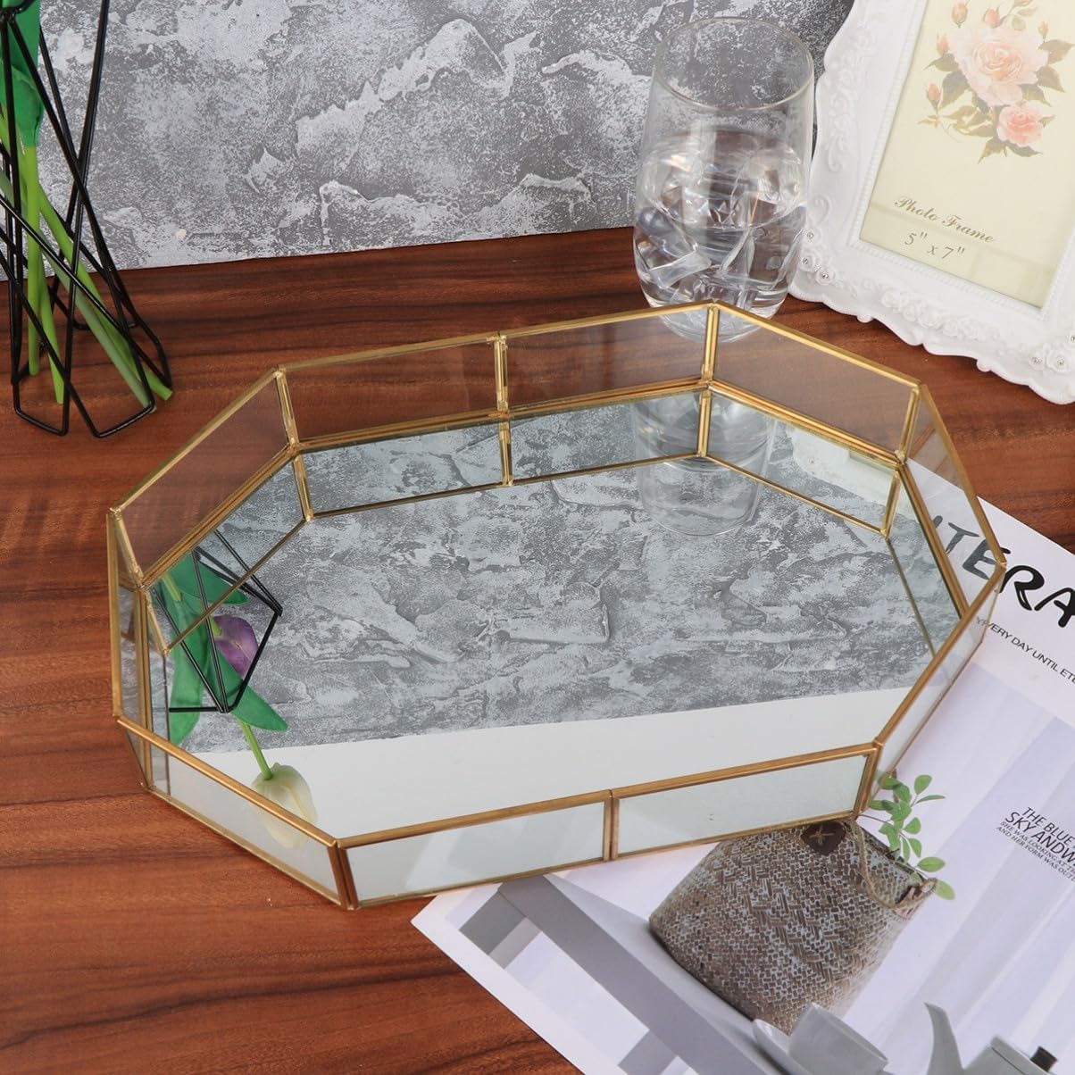 Decorative Copper Structure Mirrored Jewelry Tray Glass Organizer for Vanity for Storing Jewelry Accessories and Items