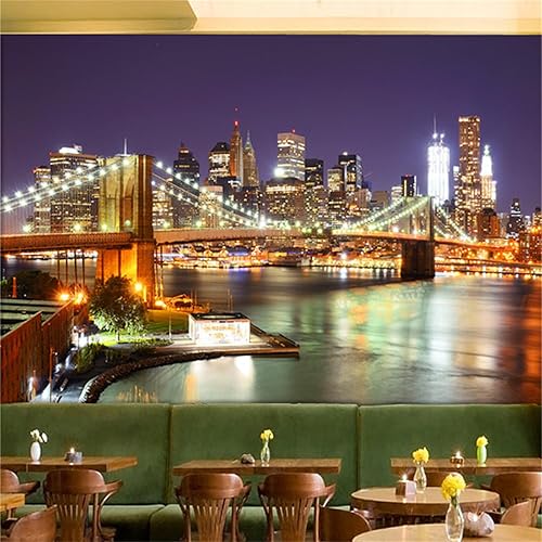 Mural de pared con vista nocturna, diseño de ciudad de edificio, puente 3D, calcomanía de pared de la ciudad de Nueva York, papel mural duradero e
