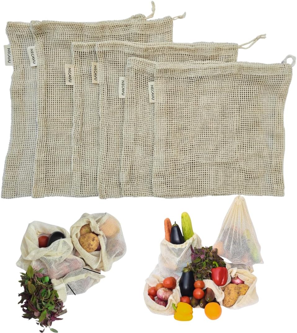 - 100% Cotton Set of 6 Fridge Drawstring Bags | Eco-Friendly Natural Vegetables Storage Mesh Net for Fridge | Multi-Purpose Cotton Mesh Bag (Natural)