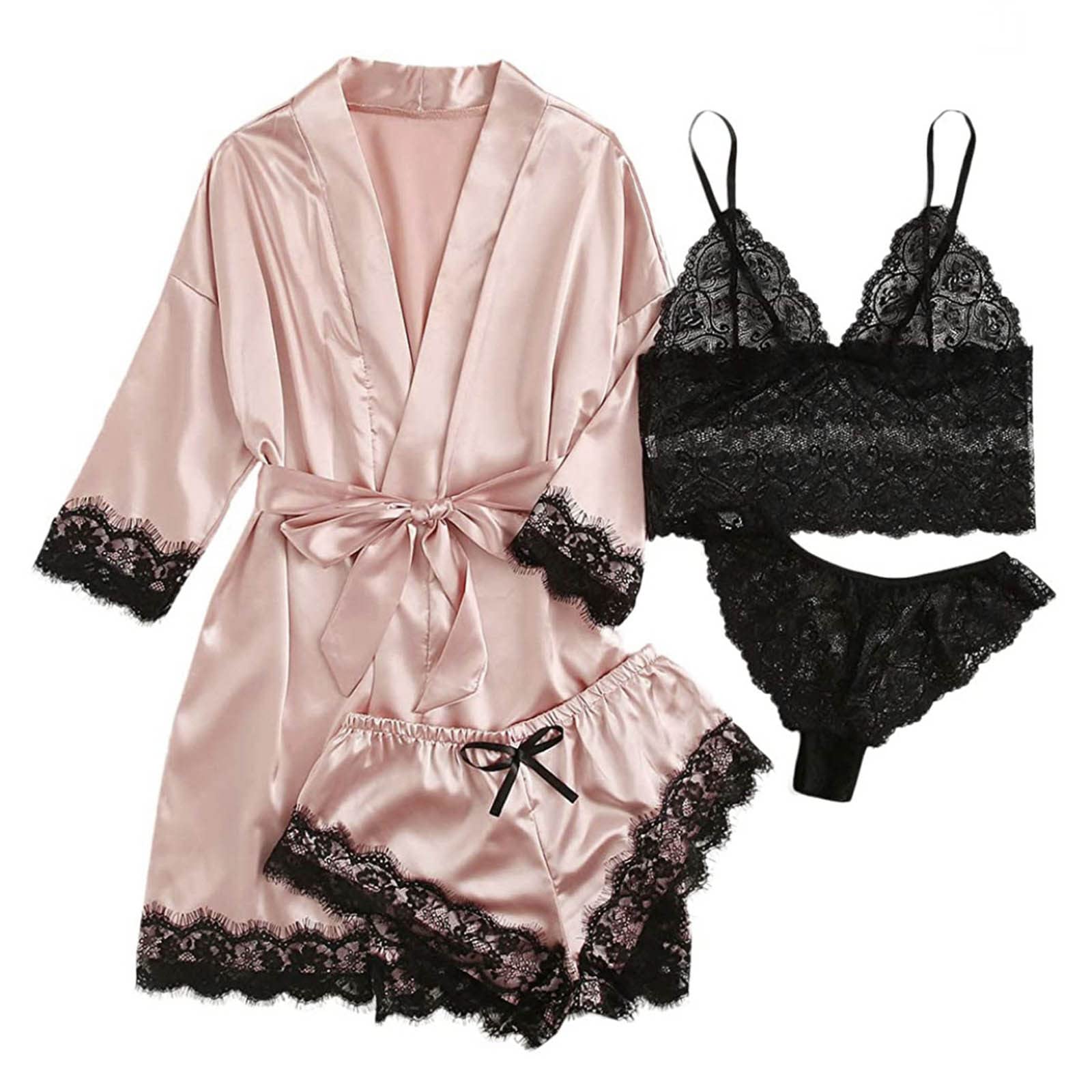 Uillui Women Sexy Pajama Satin Lingerie Robe Set with Bra and Panty 4PCS Pjs Silk Sleepwear Lace Trim Cami Shorts Loungewear