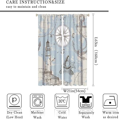 Miniatura 2 de Cortinas opacas de faro, concha náutica marina, brújula, ancla de mar, impresión artística azul para dormitorio, baño, sala de estar, decoración con