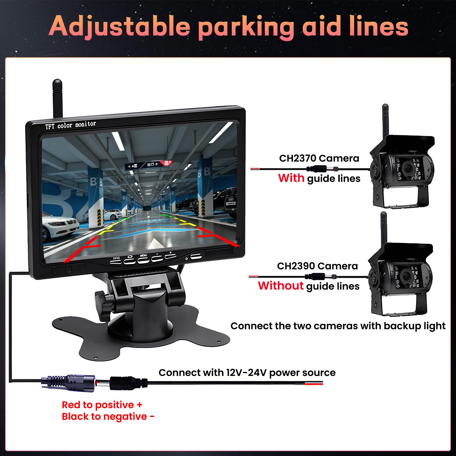 Hikity Caméra de Recul sans Fil 7" Kit Campeur avec 2 Caméras Arrière Divisées avec Vision Nocturne IP67 étanche pour Camions, Remorques Bus Voitures Camping-Cars Vans 12V-36V