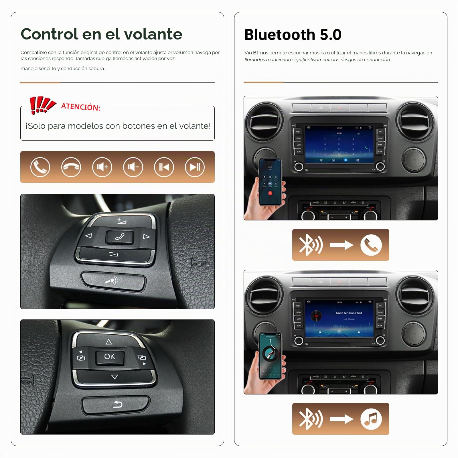 Radio de coche con pantalla de 7 pulgadas para Volkswagen, Seat, Golf, Passat, Jetta, Beetle, Touran, EOS, Skoda, Radio Bluetooth con pantalla táctil de Seat con CarPlay inalámbrico, Android Auto, GPS