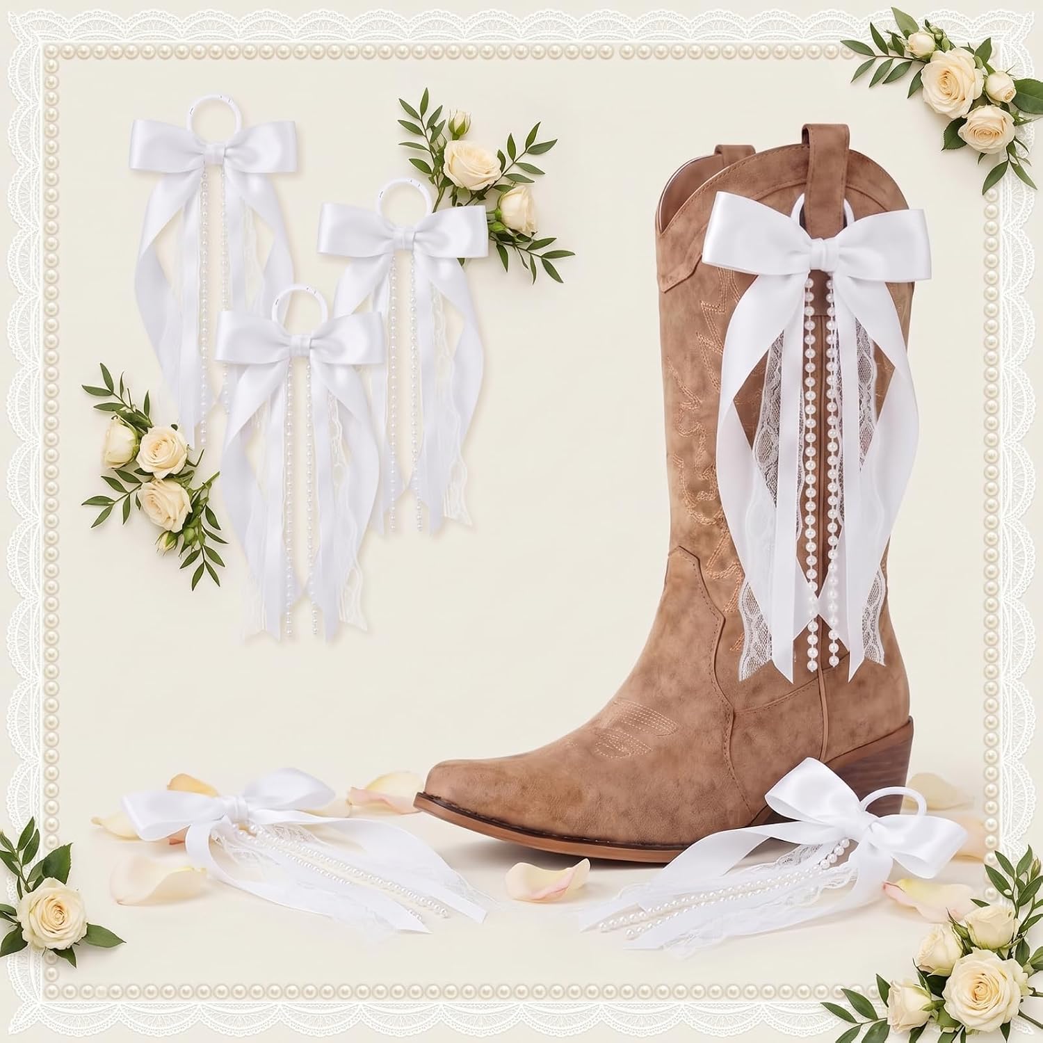 4 Pcs White Ribbon Boot Bow for Cowgirl Boots Beaded Pearl Clip | Removable, for Country Concert, Wedding Women DIY, Bridal Shower Reception Accessory Supplies Gifts, Decor