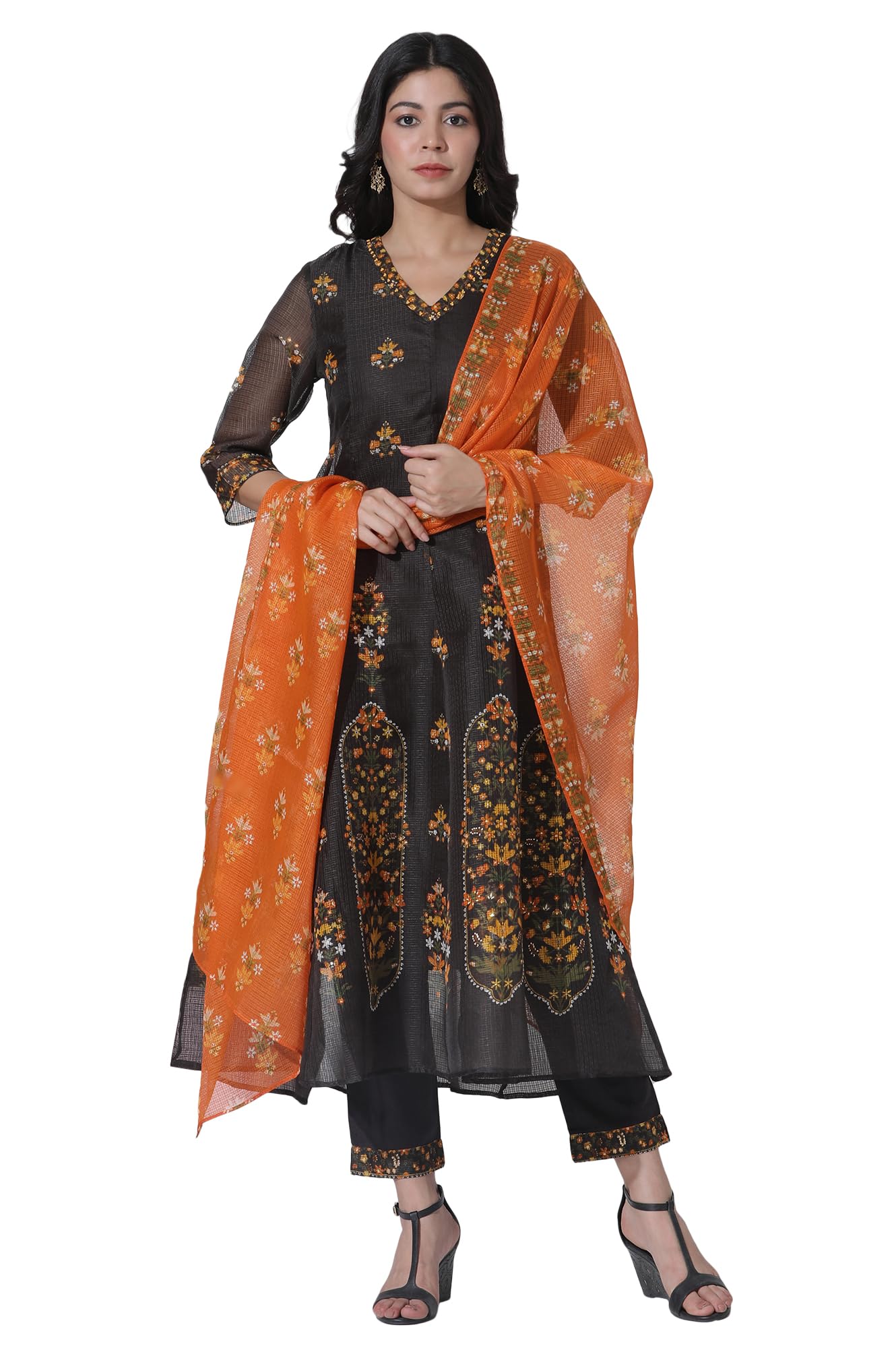 W for Woman Kota Kurta Pants and Dupatta Set - Black Floral, black, S