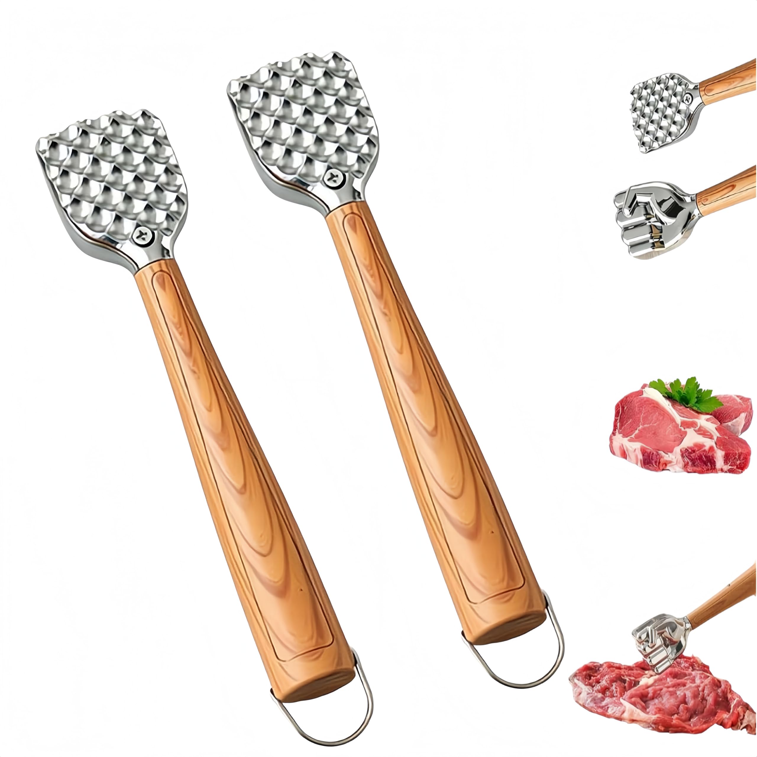 Generisch Mehrseitiger Fleischklopfer mit Griff in Holzoptik – Robuster Metall-Fleischklopfer mit Zwei Seiten und rutschfestem Griff für Steak, Rind, Schwein und die heimische Küche (2STÜCK)