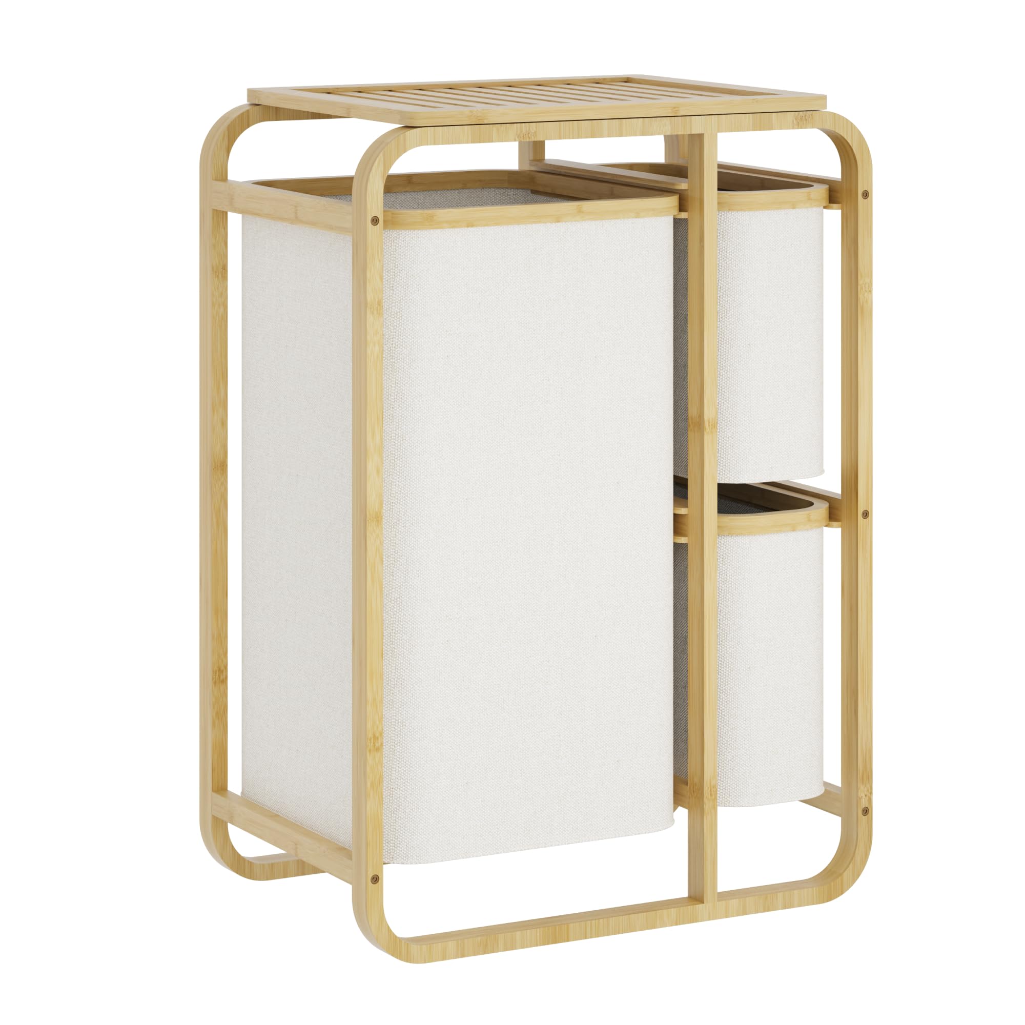 [en.casa] Mobile Portabiancheria in Bambù con Ripiano a Doghe e 3 Sacchi Estraibili per Bucato 70,5 x 49,5 x 33 cm - Beige