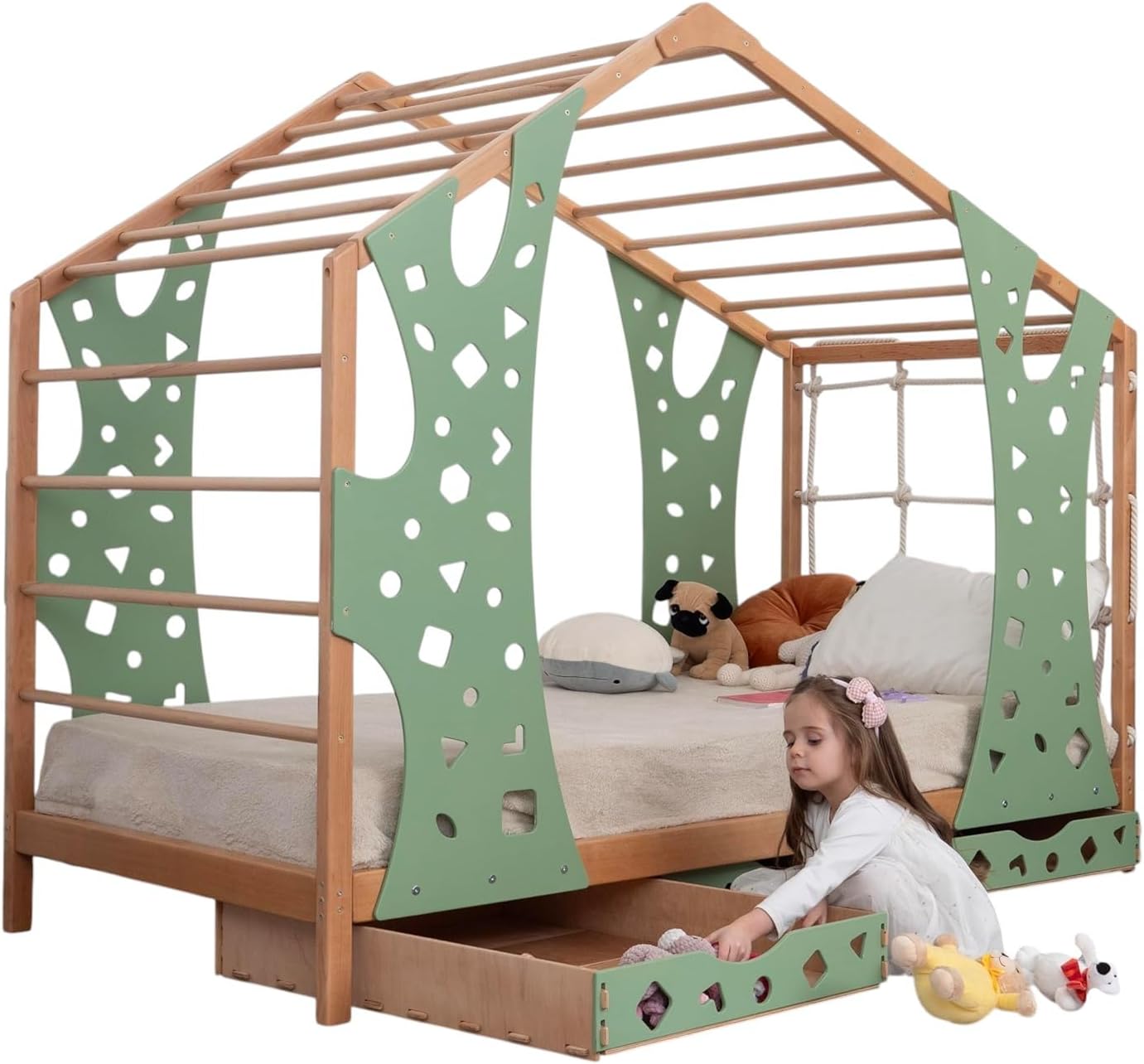 BUSY WOOD Toddler Bed with Drawers - Twin Bed Frame with Storage - Indoor Playground Bed - Montessori Bed - Jungle Gym - Montessori Bed for Toddlers - Monkey Bed with 2 Drawers (Wide&Full Depth)