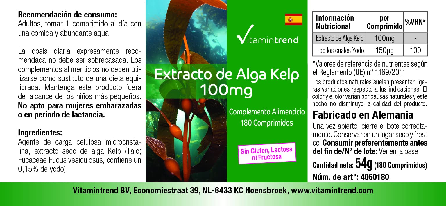Vitamintrend Extrait de Kelp 100 mg, 180 comprimés, faciles à avaler, iode naturel, complément alimentaire végan sans stéarate de magnésium, fabriqué en Allemagne