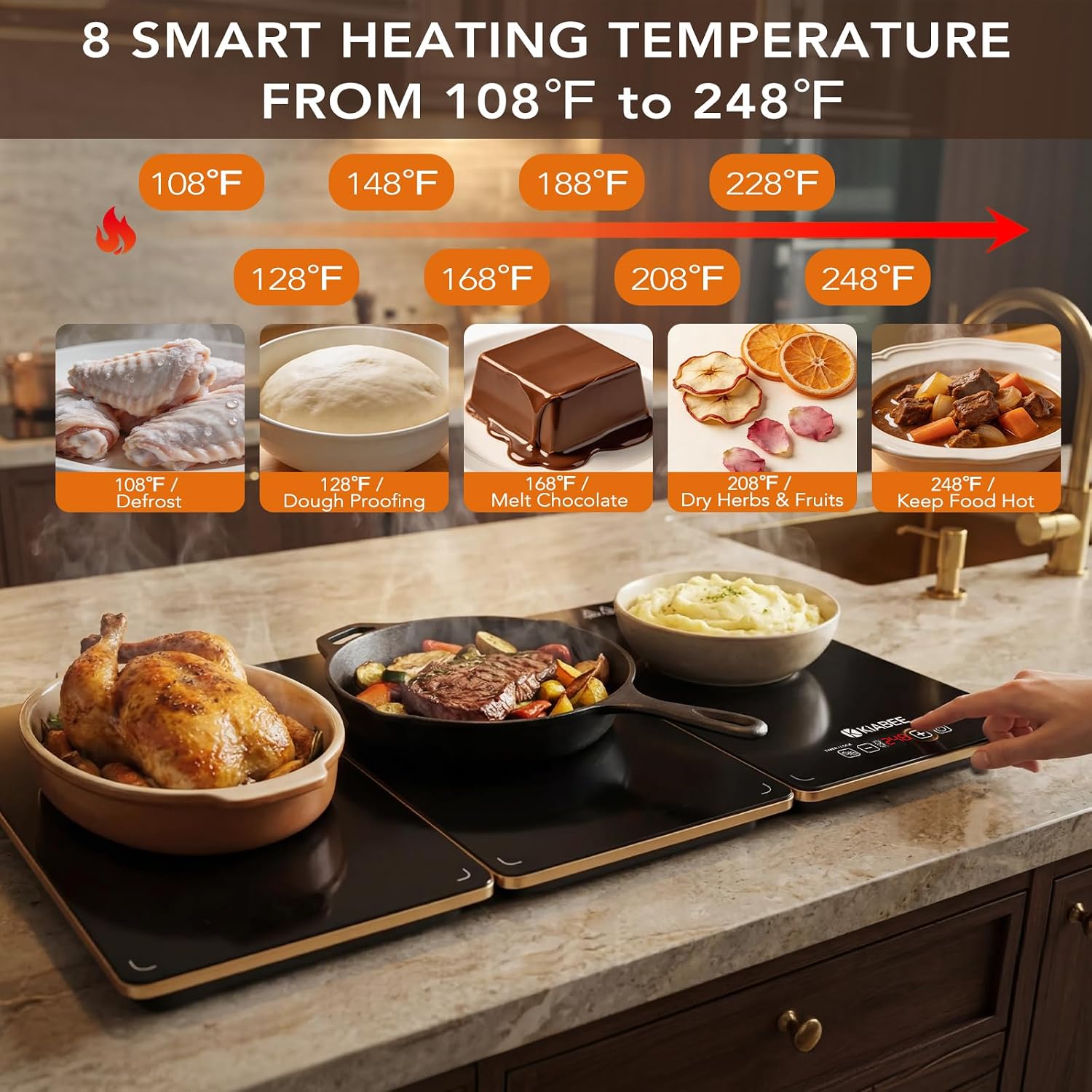 Electric Warming Tray for Buffet Party - 8 Panels Electric Glass Top Heating Plate, 8 Level Temp Control Easy Clean Surface Overheat Protection and Timer: for Busy Hosts Party Dinners and Holiday Meal